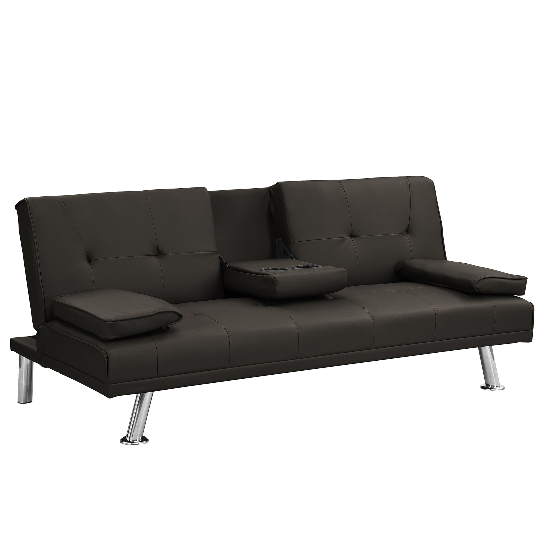 Sofa Bed With Armrest Two Holders Wood Frame, Stainless Leg, Futon Brown Pvc,Dark Brown Dark Brown Pvc