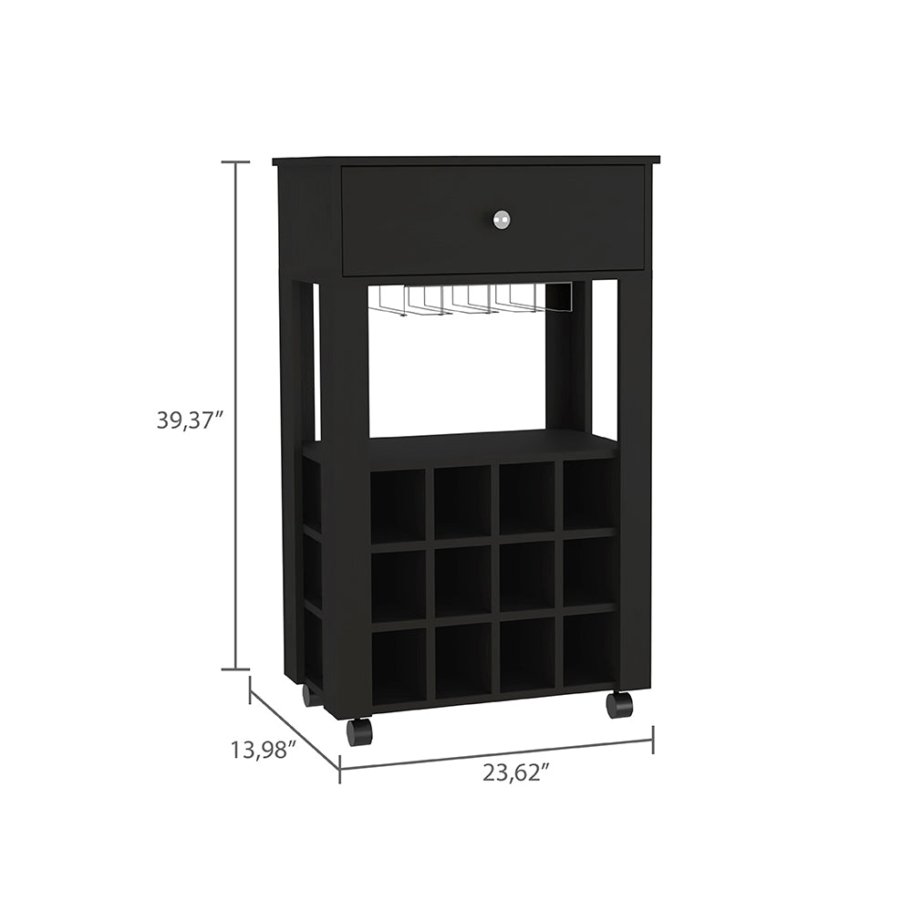 Bar Cart Bayamon, Twelve Wine Cubbies, Four Legs, Black Wengue Finish Black Particle Board