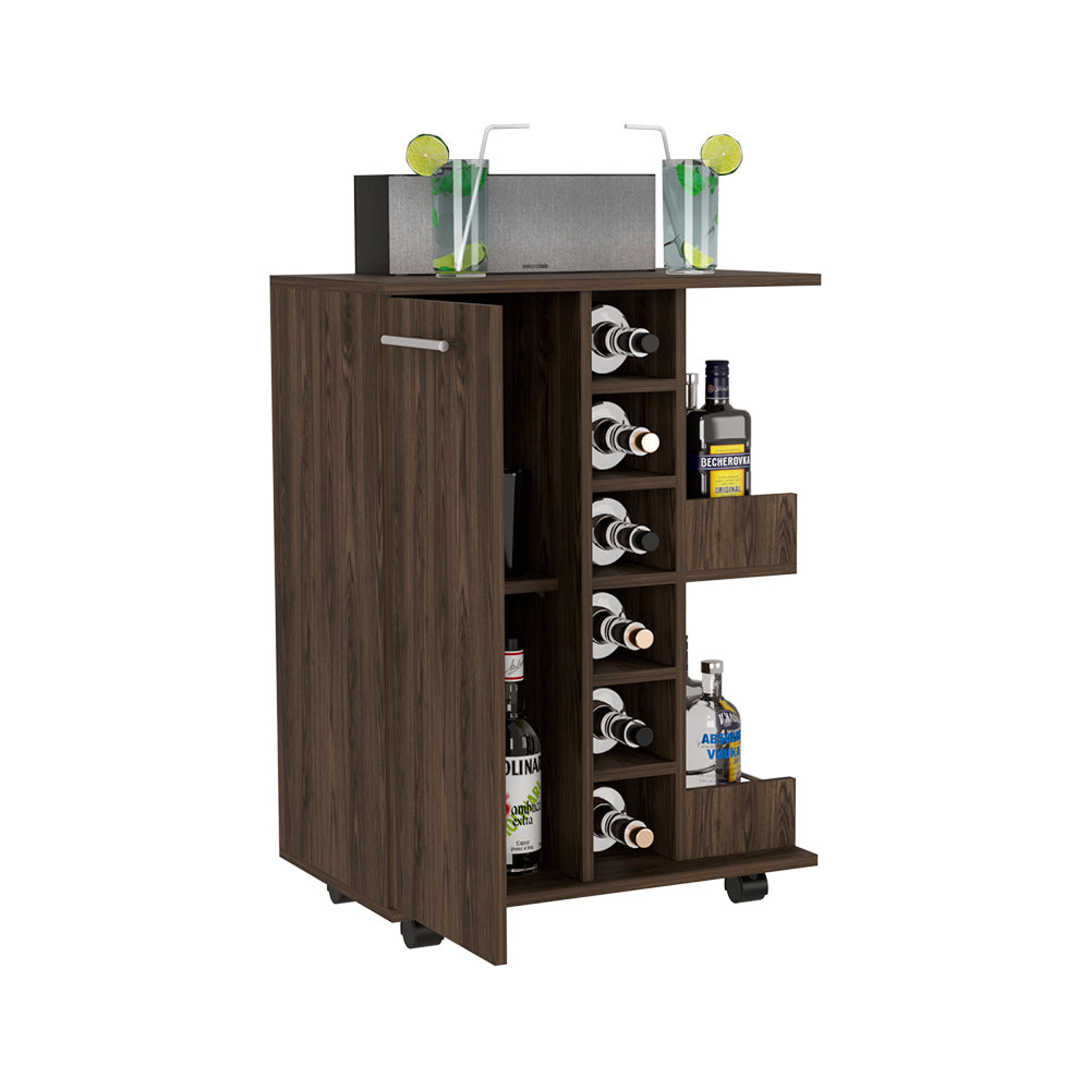 Bar Cart Wells, Four Casters, Dark Walnut Finish Walnut Particle Board