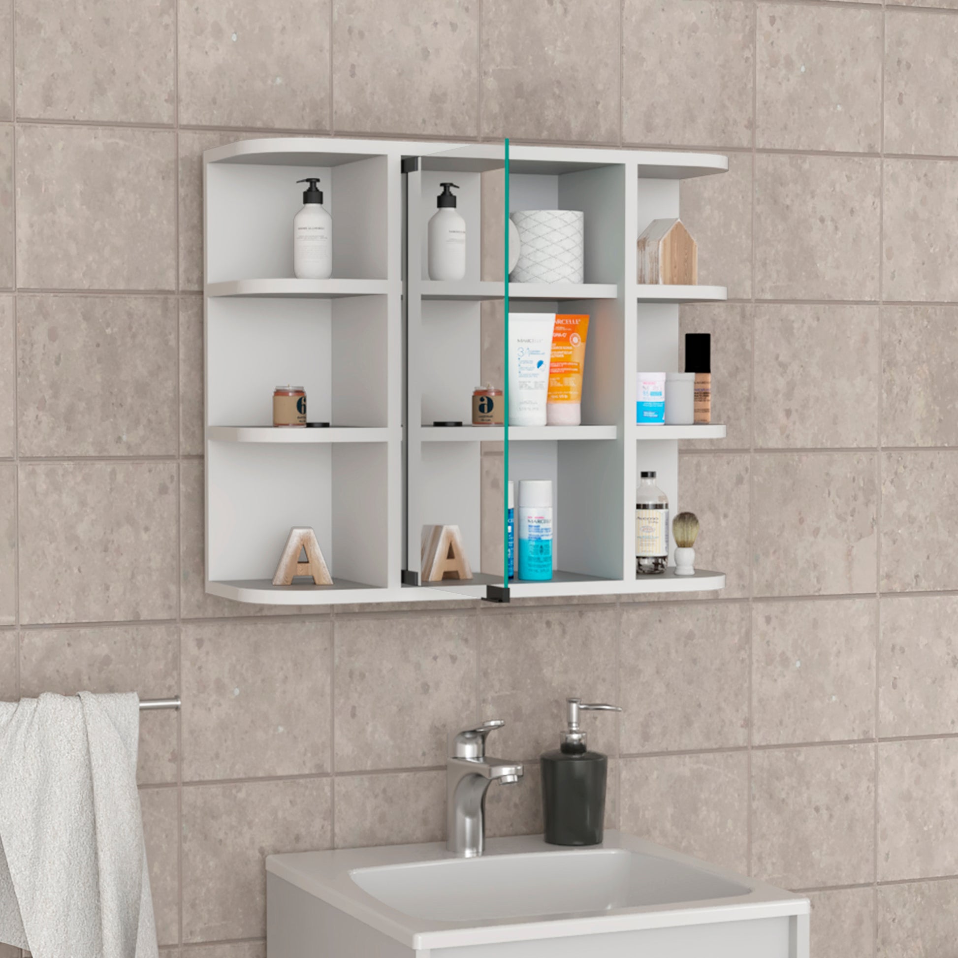 Medicine Cabinet Milano, Six External Shelves Mirror, White Finish White Particle Board