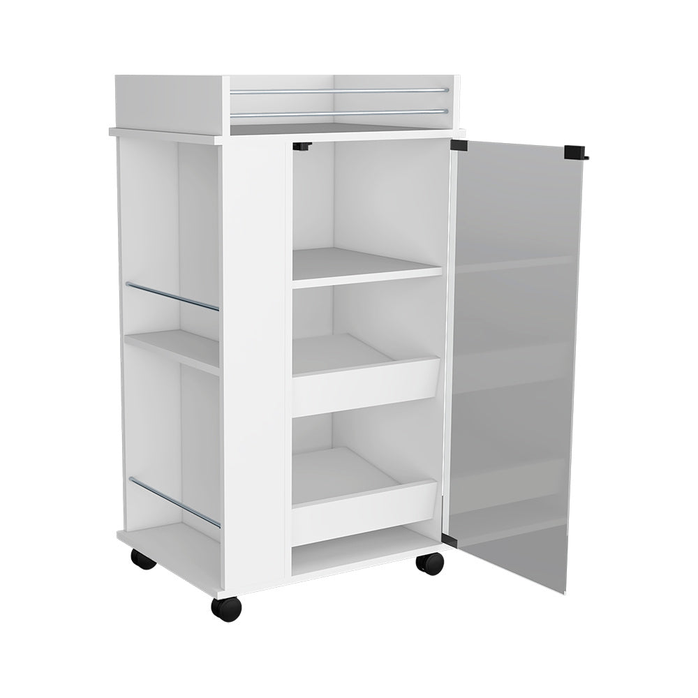 Bar Cart With Two Side Shelves Beaver, Glass Door And Upper Surface, White Finish White Particle Board