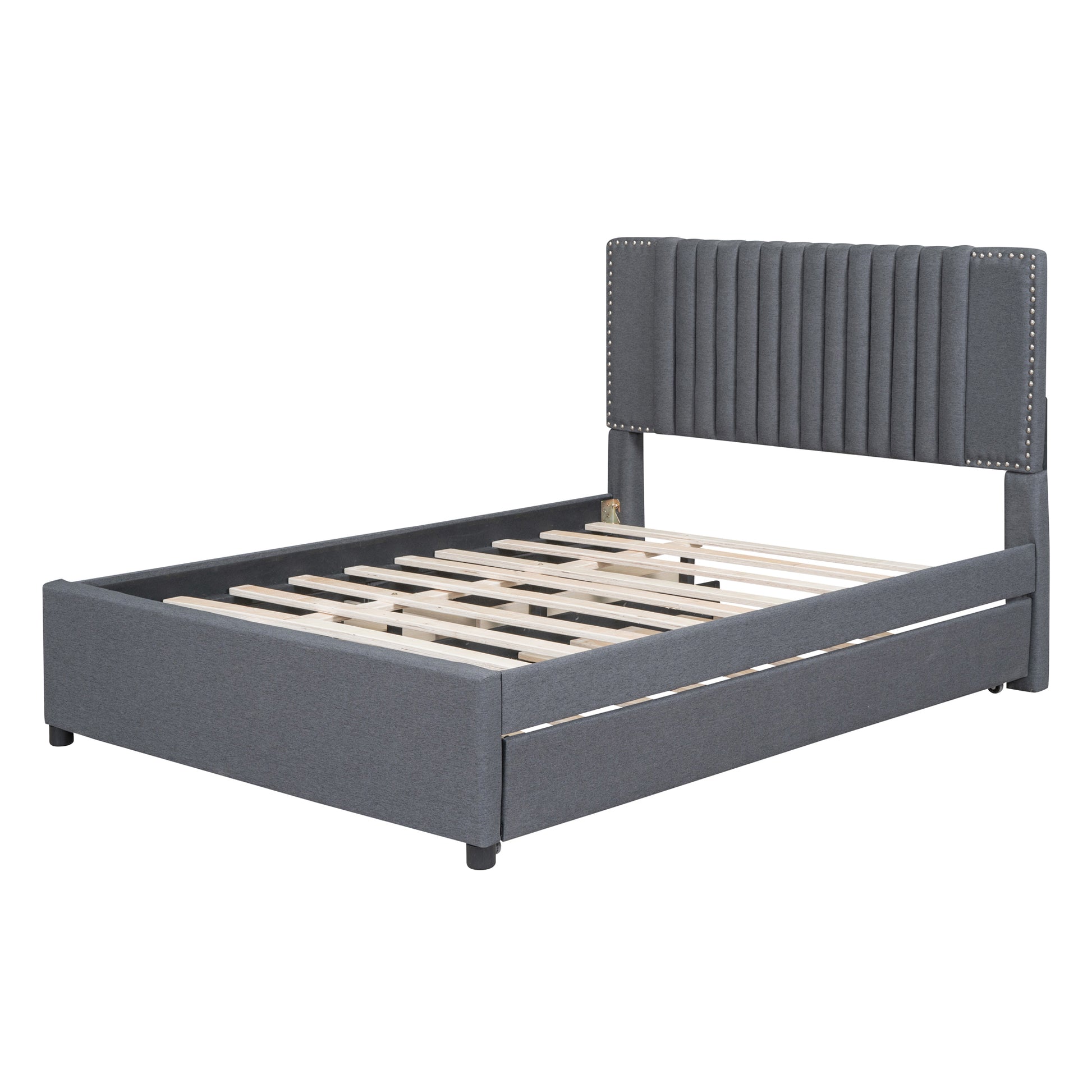 Full Size Upholstered Platform Bed With 2 Drawers And 1 Twin Size Trundle, Classic Headboard Design, Gray Gray Linen