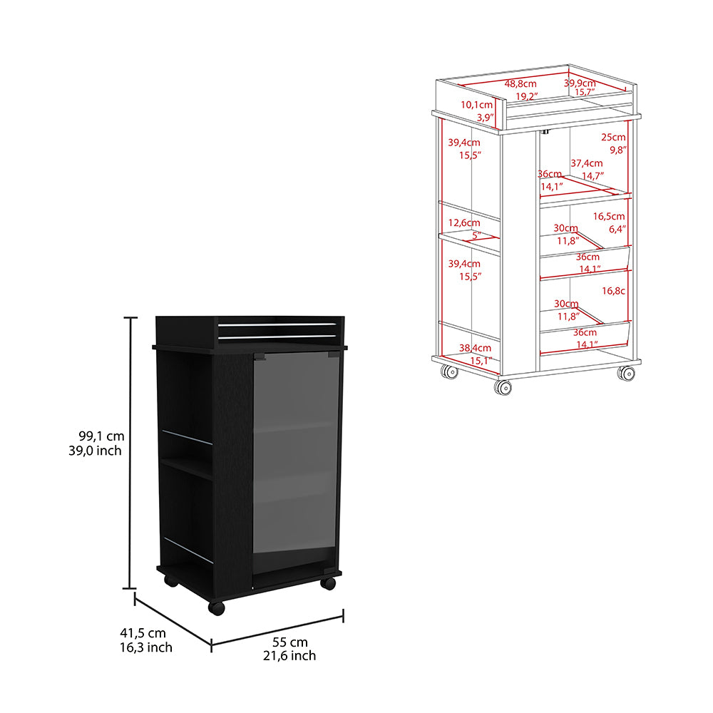 Bar Cart with Two Side Shelves Beaver, Glass Door and black-particle board