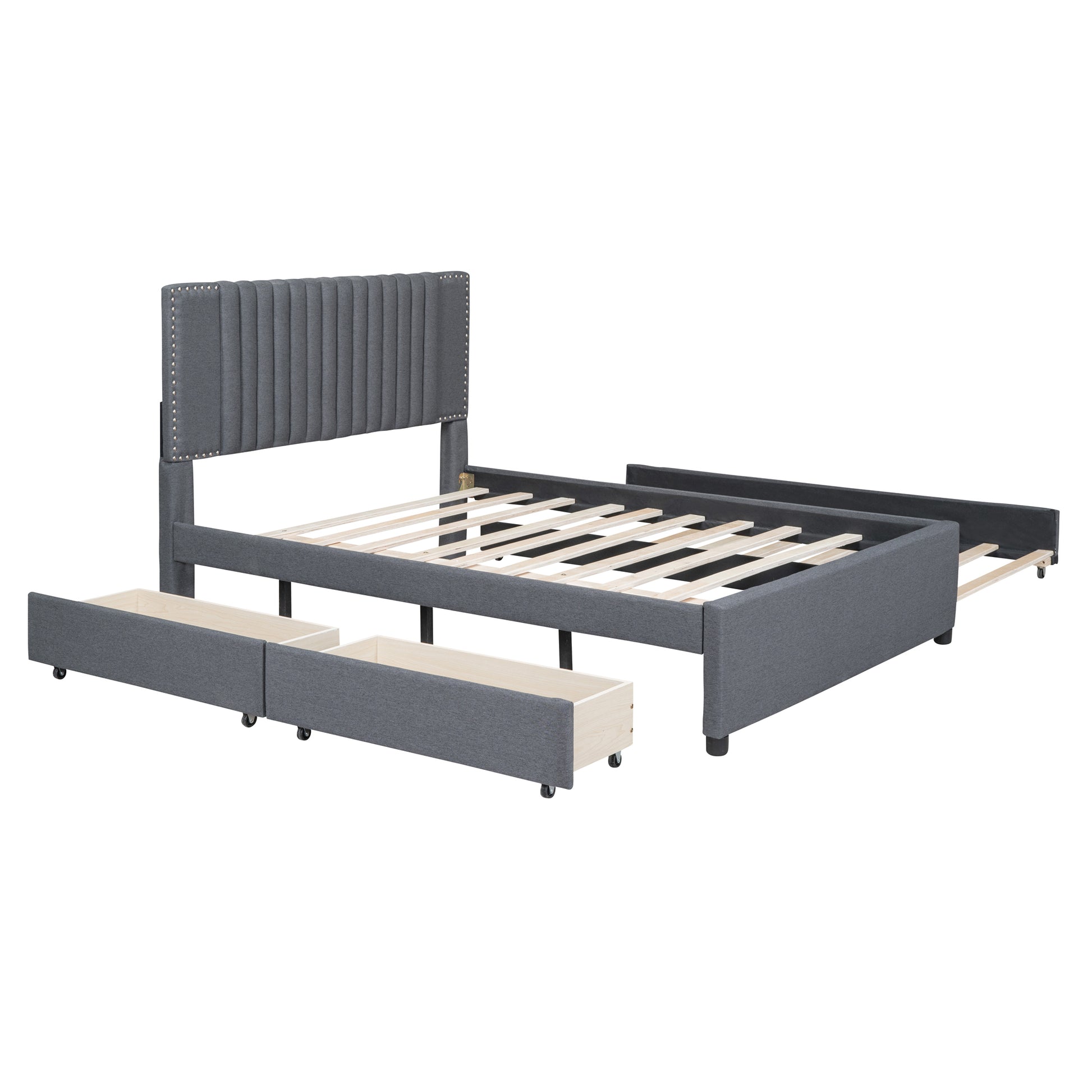 Full Size Upholstered Platform Bed With 2 Drawers And 1 Twin Size Trundle, Classic Headboard Design, Gray Gray Linen