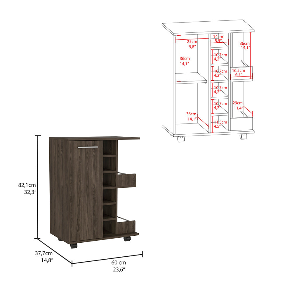 Bar Cart Wells, Four Casters, Dark Walnut Finish Walnut Particle Board