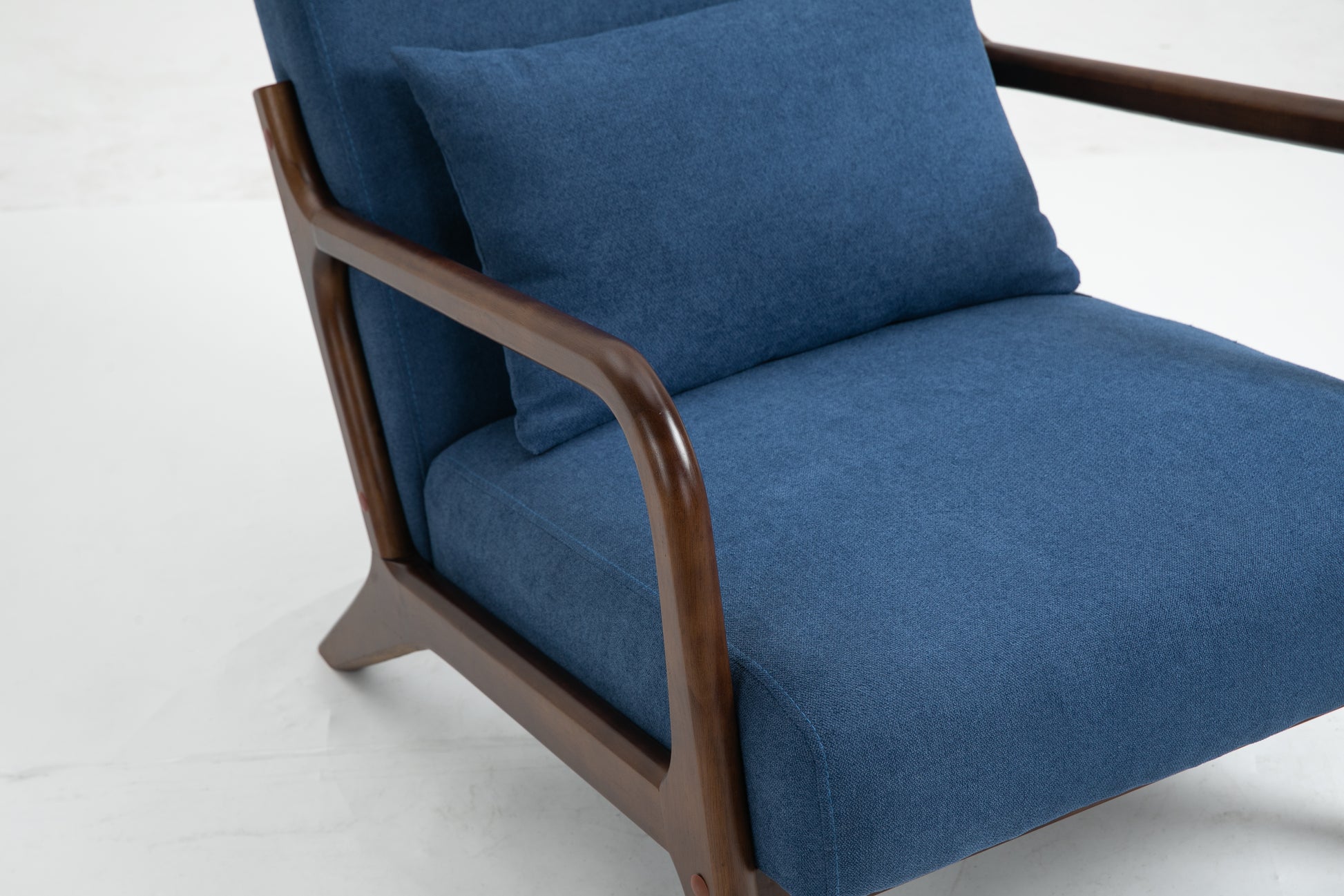 Mid Century Modern Accent Chair With Wood Frame, Upholstered Living Room Chairs With Waist Cushion, Reading Armchair For Bedroom Sunroom Blue Cotton Velvet