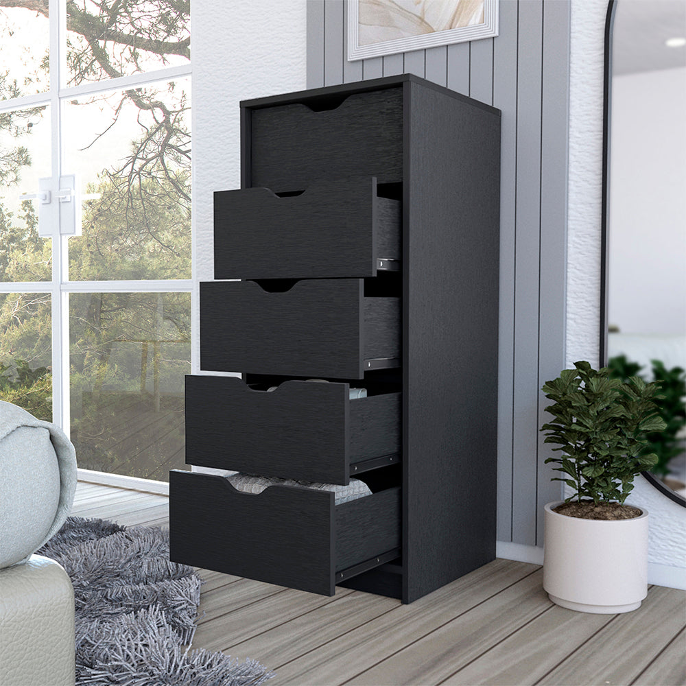 Dresser Kamran, Five Drawers Narrow, Black Wengue Finish Black Particle Board