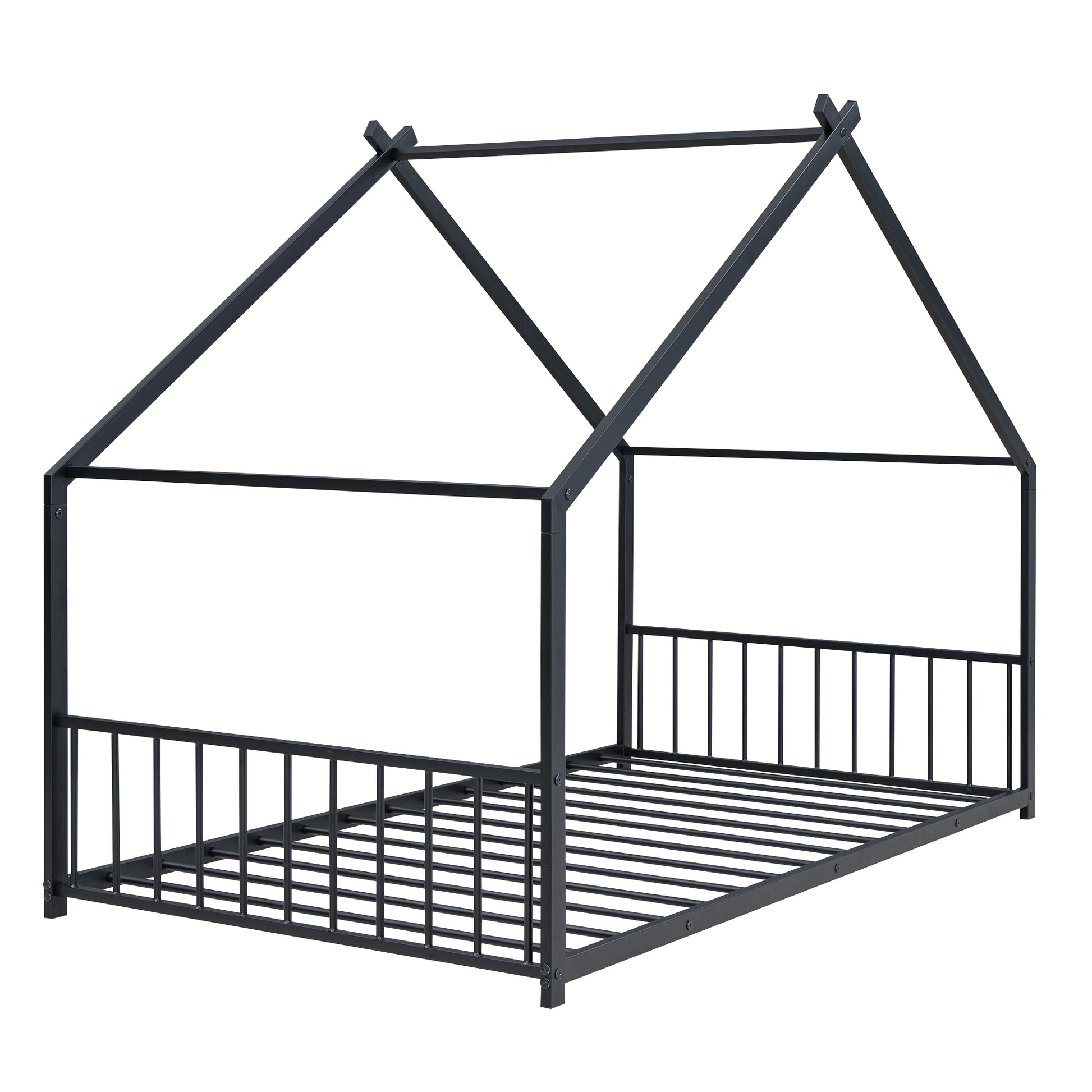 Twin Size Metal House Bed, Black Black Metal