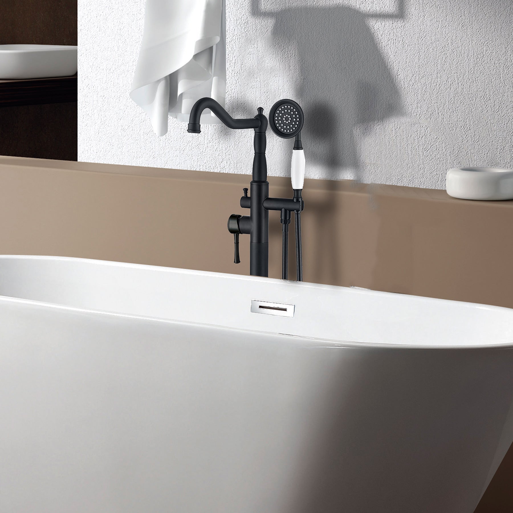 Freestanding Bathtub Faucet With Hand Shower Matte Black Metal