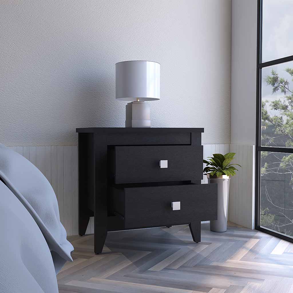 Nightstand More, Two Shelves, Four Legs, Black Wengue Finish Black Particle Board