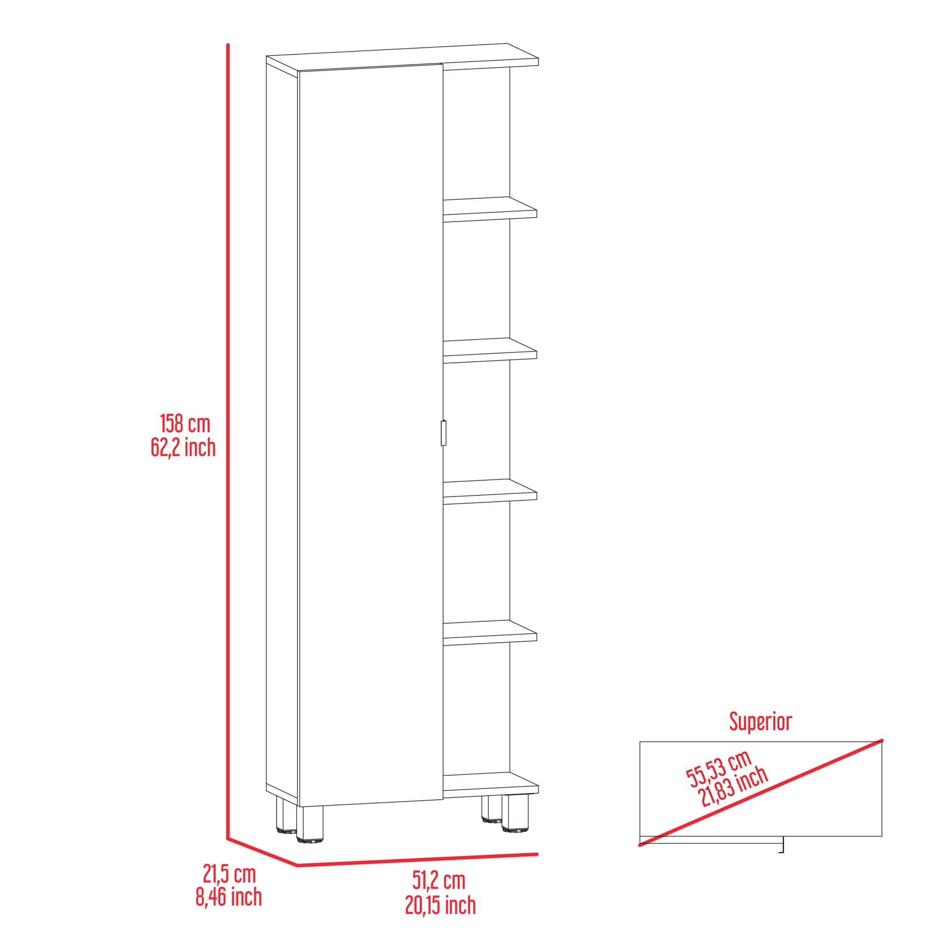 Corner Cabinet Womppi, Five Open Shelves, Single Door, White Finish White Particle Board