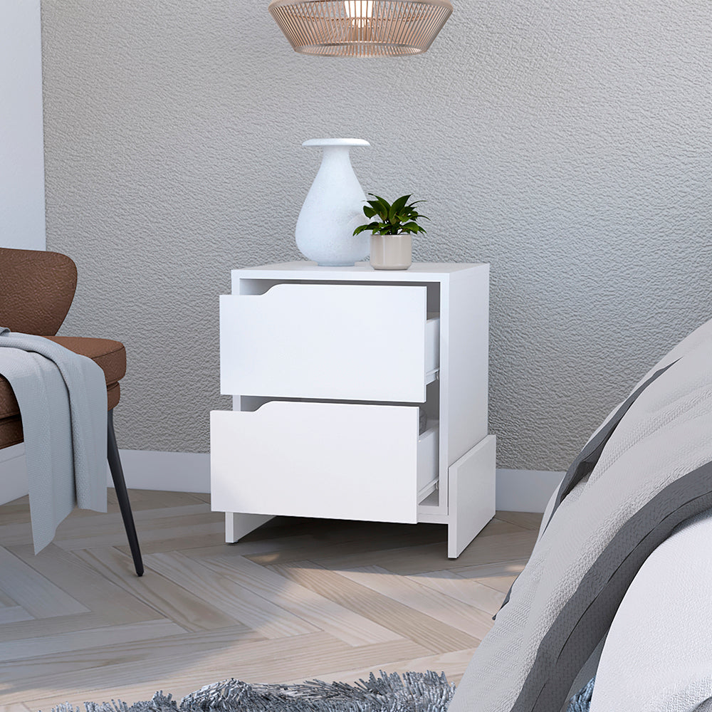 Nightstand Brookland, Bedside Table With Double Drawers And Sturdy Base, White Finish White Particle Board