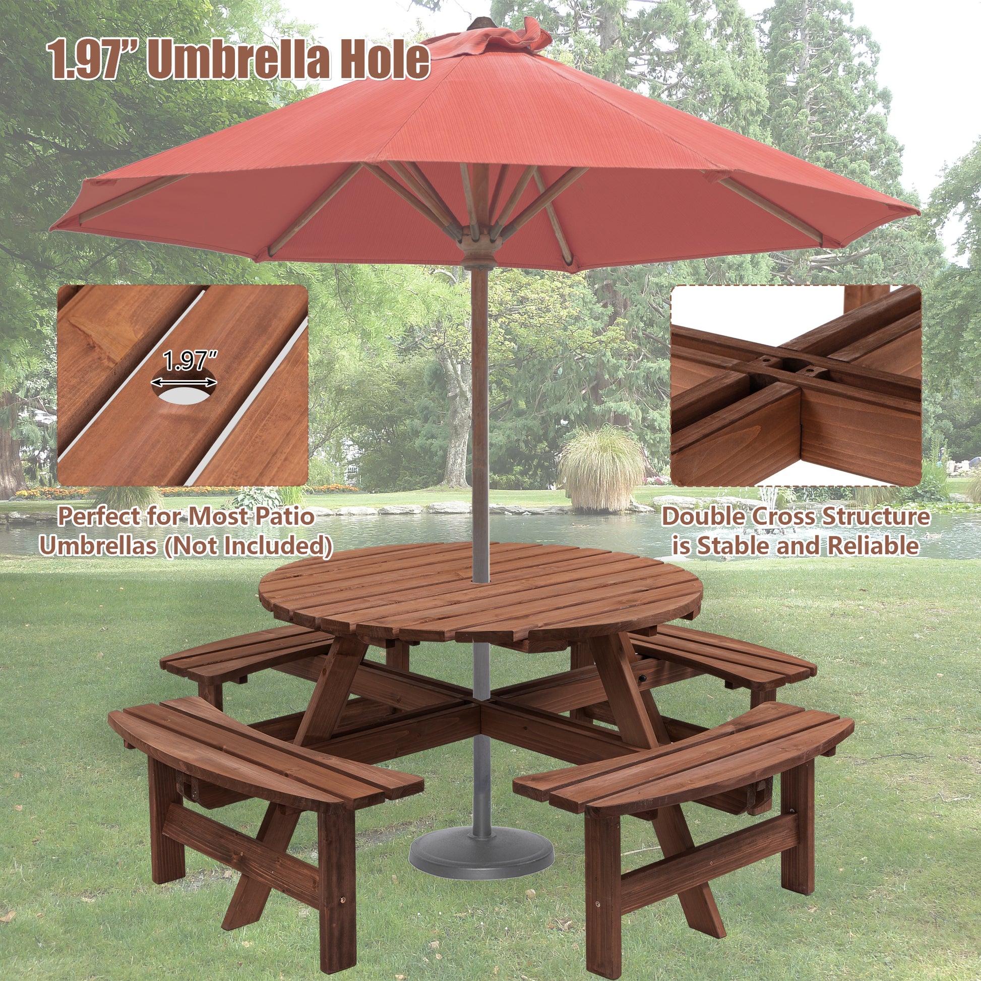 8 Person Wooden Picnic Table, Outdoor Camping Dining Table With Seat, Garden, Diy W 4 Built In Benches, 2220Lb Capacity Brown Solid Wood