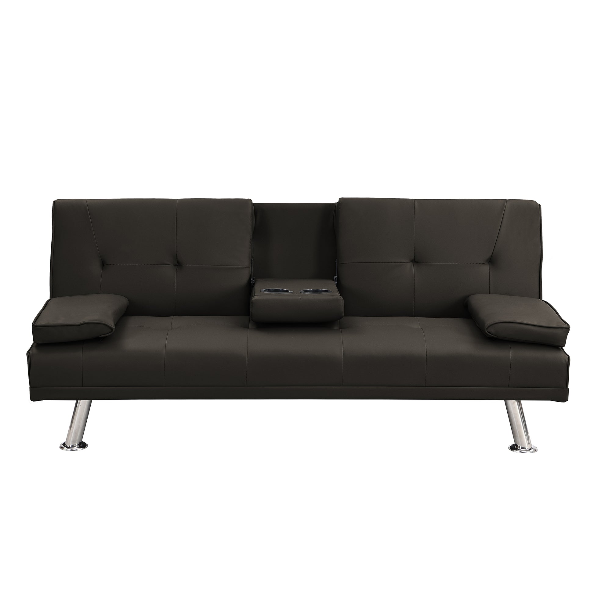 Sofa Bed With Armrest Two Holders Wood Frame, Stainless Leg, Futon Brown Pvc,Dark Brown Dark Brown Pvc
