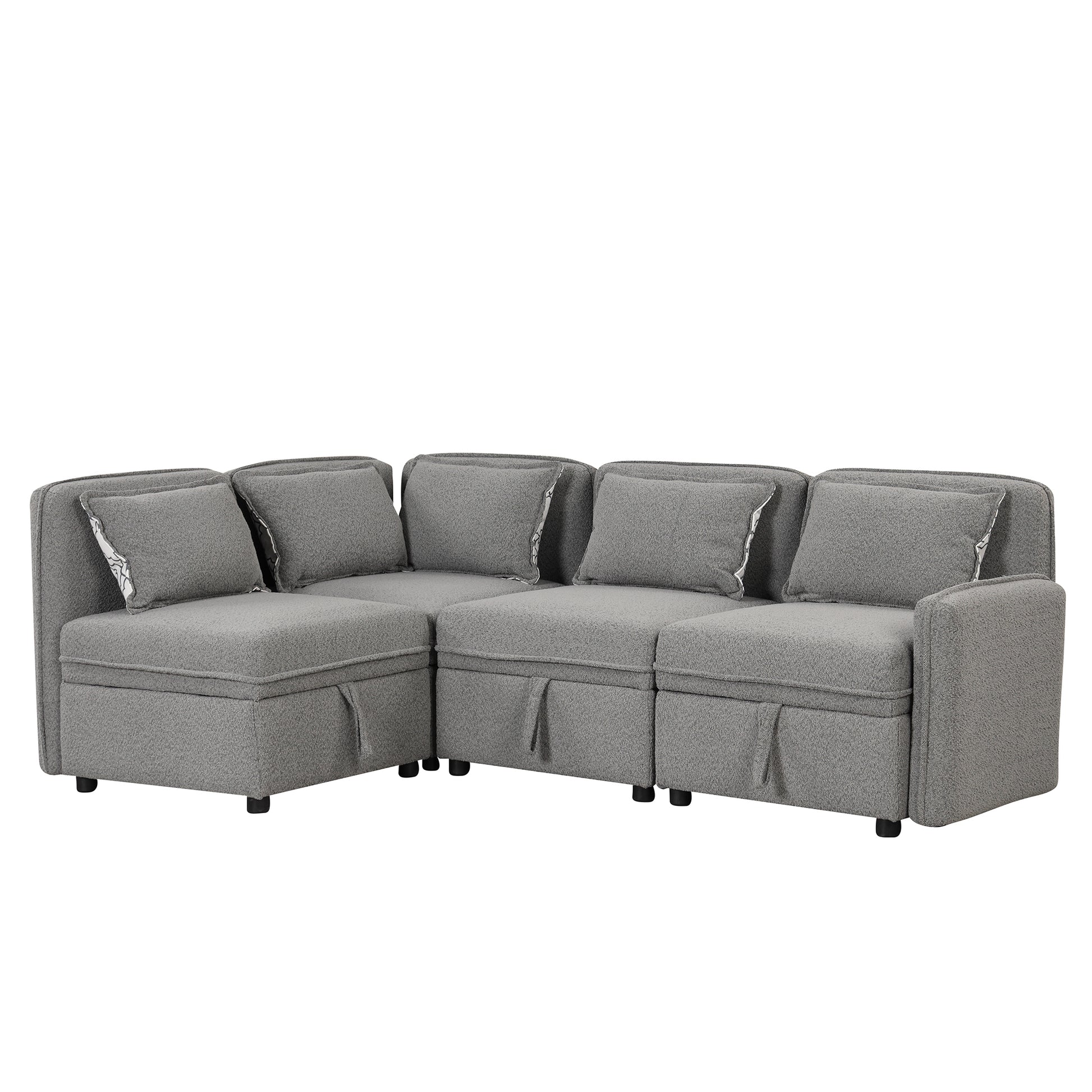 122.8" Convertible Modular Minimalist Sofa Free Combination 4 Seater Sofa Chenille Fabric Sectional Sofa With 5 Pillows For Living Room, Office, Apartment, Small Space, Gray Gray Foam Chenille 4 Seat