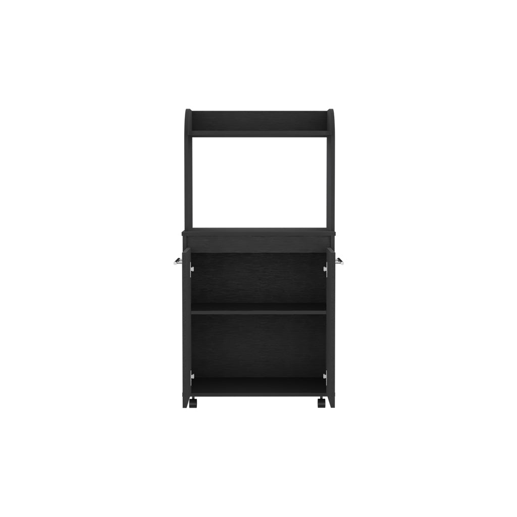 Kitchen Cart Totti, Double Door Cabinet, One Open Shelf, Two Interior Shelves, Black Wengue Finish White Particle Board