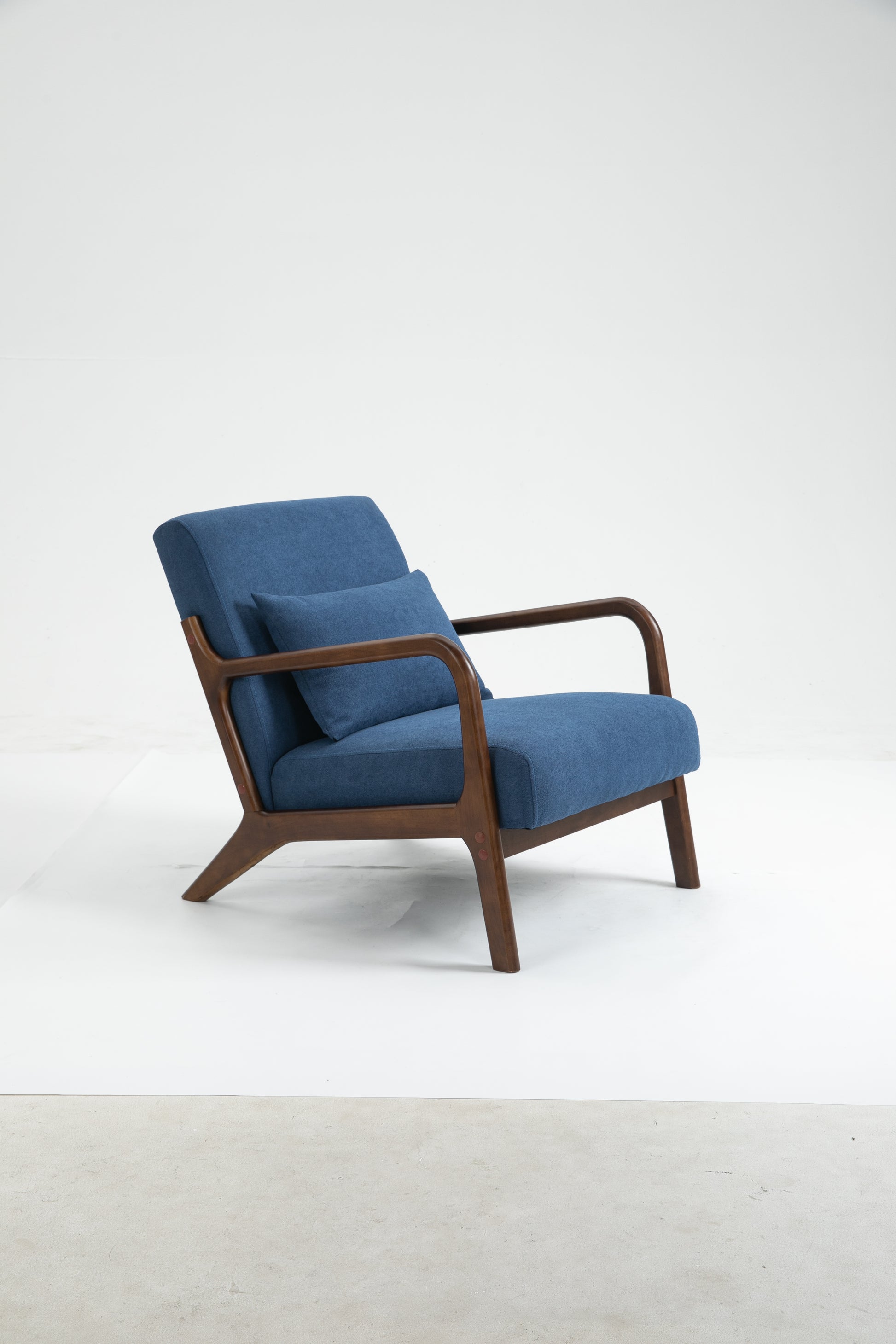 Mid Century Modern Accent Chair With Wood Frame, Upholstered Living Room Chairs With Waist Cushion, Reading Armchair For Bedroom Sunroom Blue Cotton Velvet