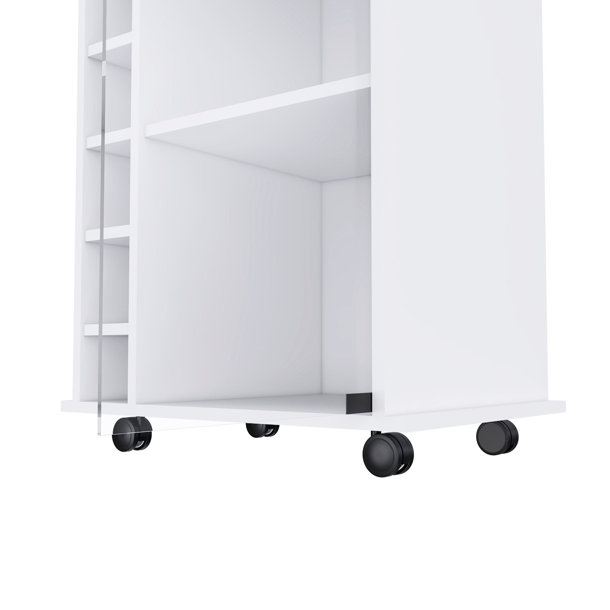 Bar Cart Baltimore, Six Wine Cubbies, Glass Door, Four Caster, Two Shelves, White Finish White Particle Board