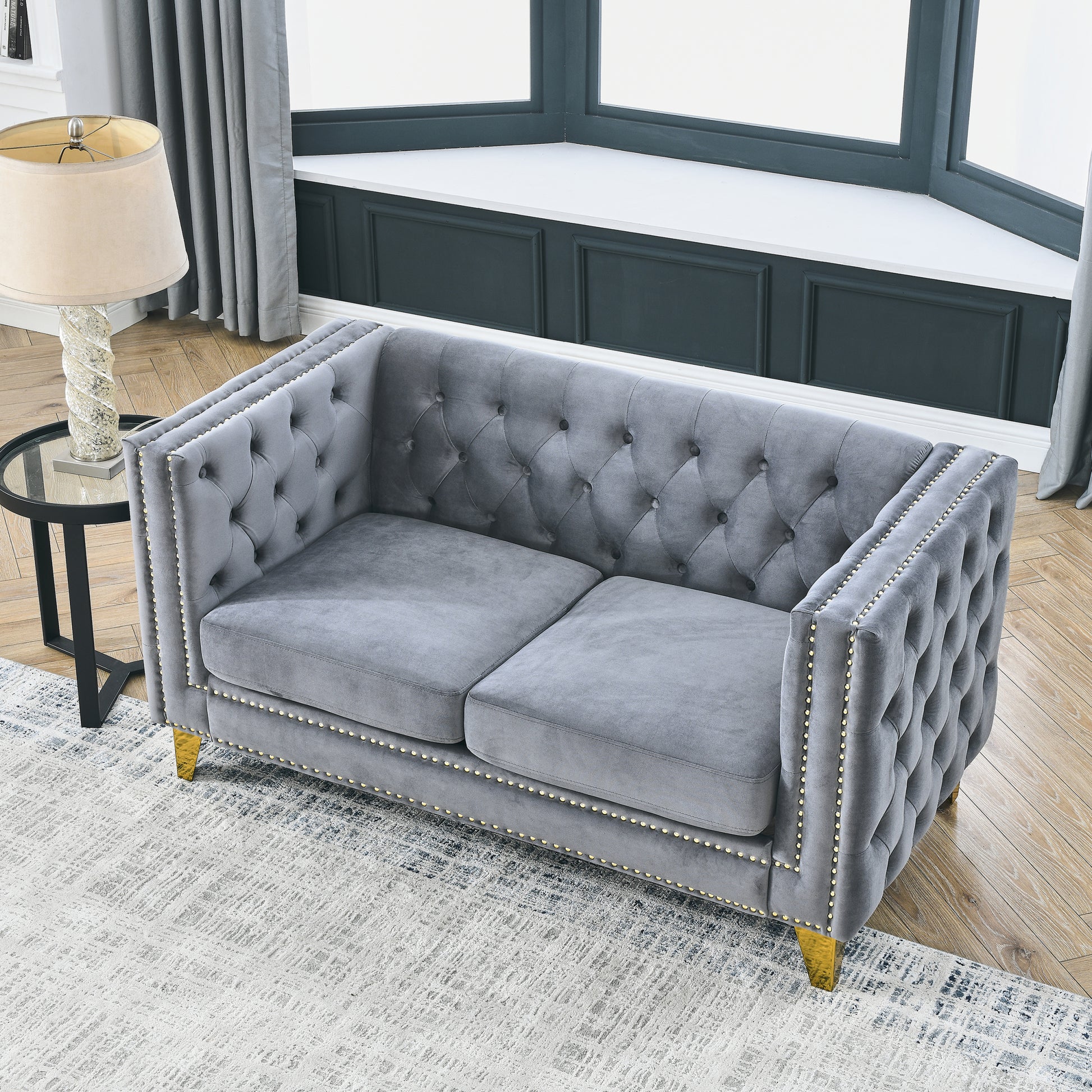 Contact Us For 3D Modeling Velvet Sofa For Living Room,Buttons Tufted Square Arm Couch, Modern Couch Upholstered Button And Metal Legs, Sofa Couch For Bedroom, Grey Velvet 2S W834S00051 Gray Foam Velvet