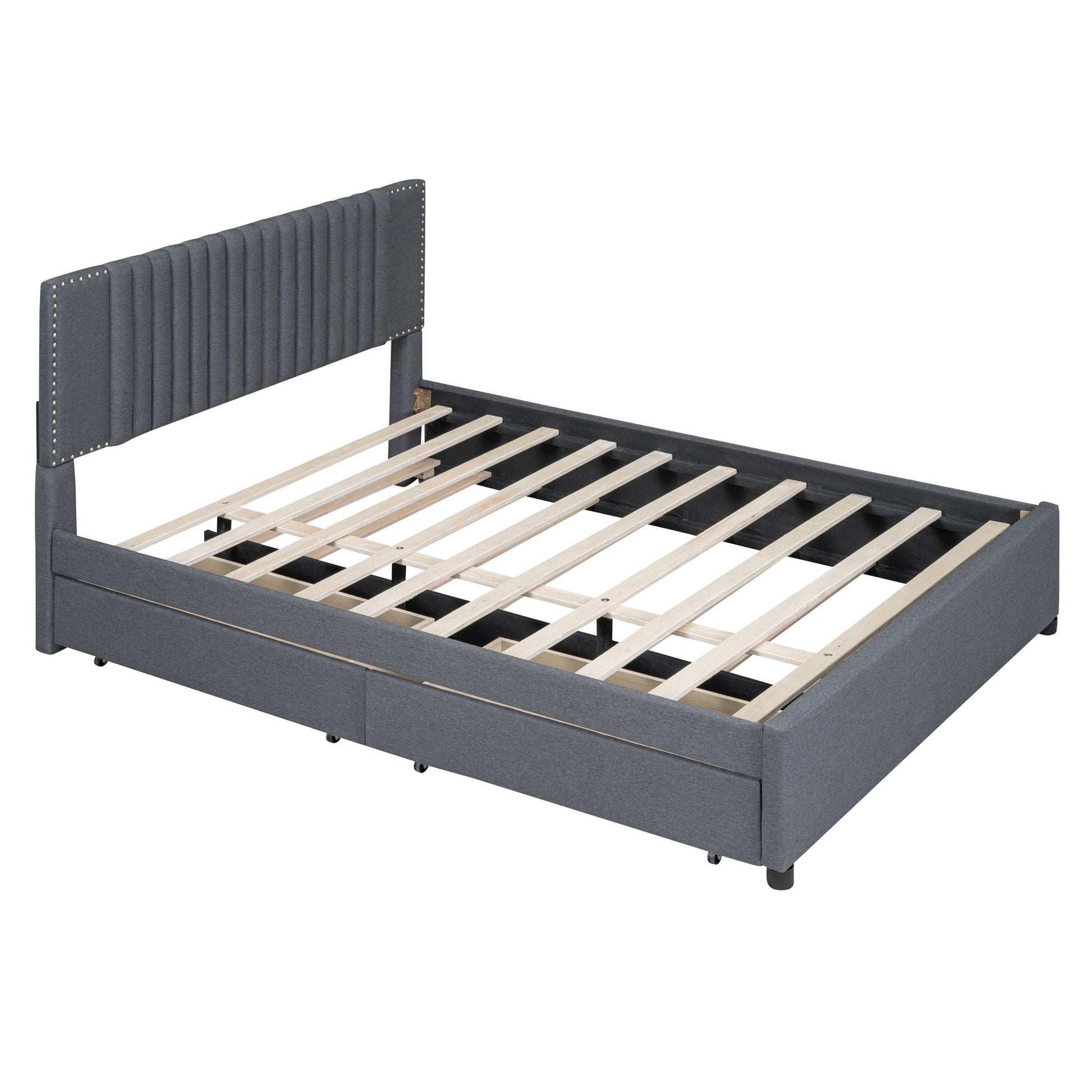 Queen Size Upholstered Platform Bed With 2 Drawers And 1 Twin Xl Trundle, Classic Headboard Design, Gray Gray Linen