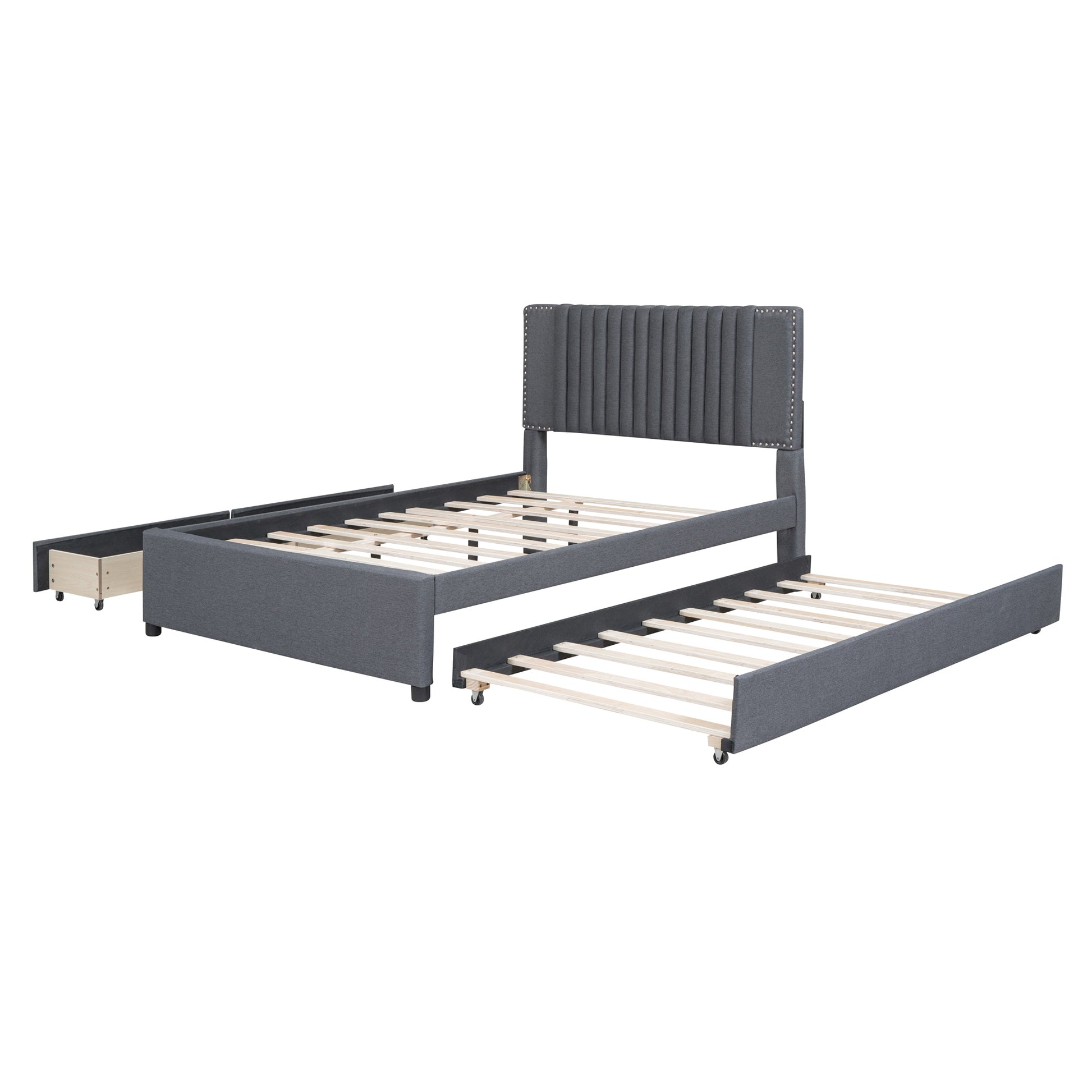 Full Size Upholstered Platform Bed With 2 Drawers And 1 Twin Size Trundle, Classic Headboard Design, Gray Gray Linen