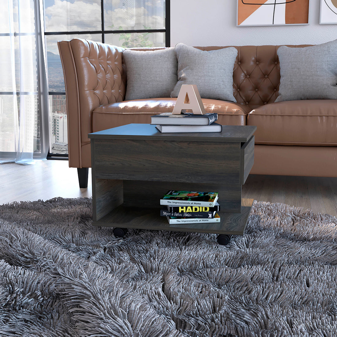 Lift Top Coffee Table Mercuri, Casters, Carbon Espresso Finish Espresso Particle Board