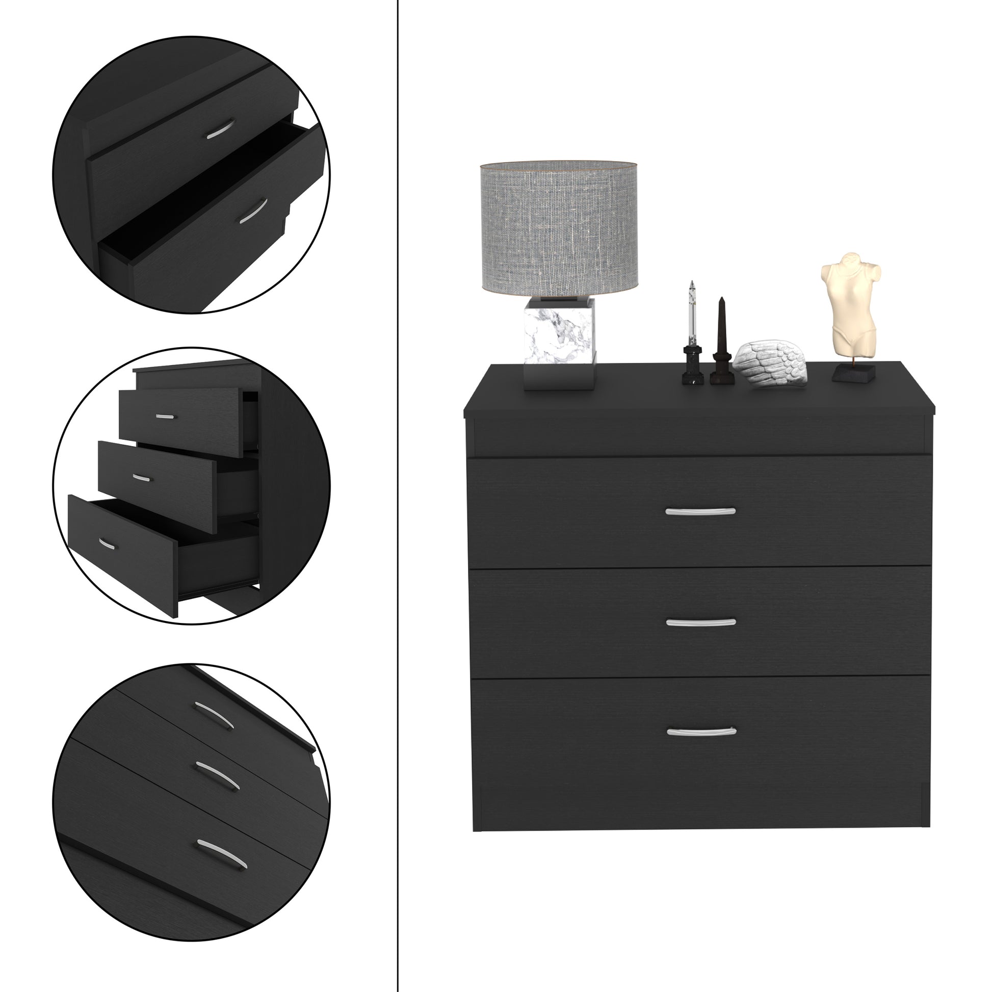 Three Drawer Dresser Lial, Superior Top, Metal Hardware, Black Wengue Finish Black Particle Board