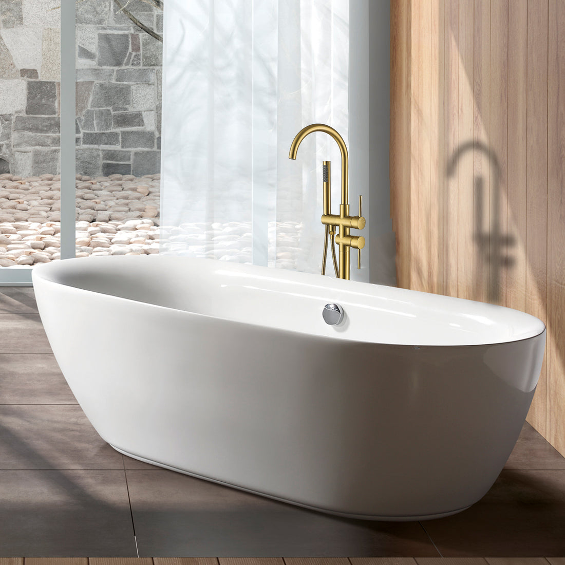 Freestanding Bathtub Faucet With Hand Shower Brushed Gold Metal