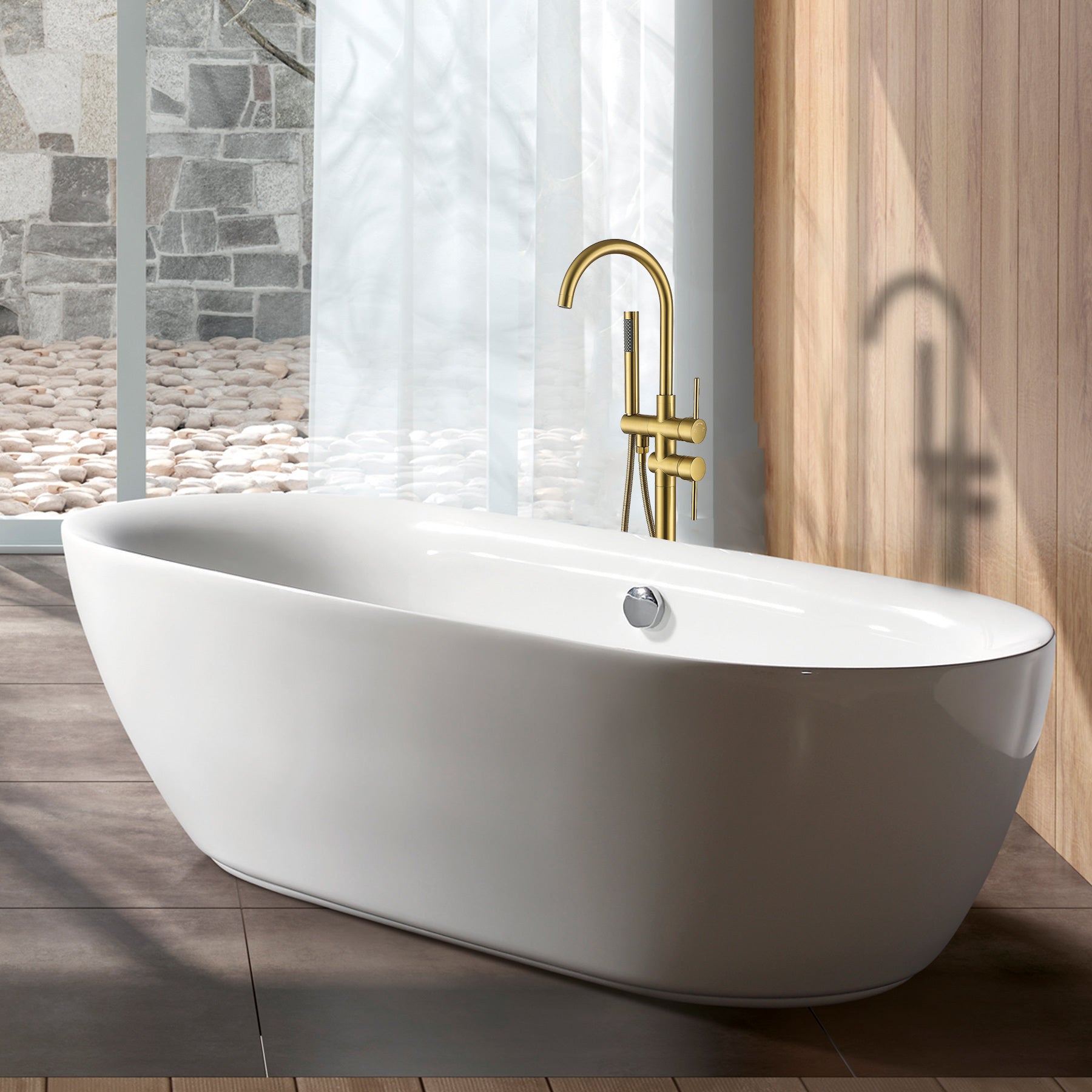 Freestanding Bathtub Faucet With Hand Shower Brushed Gold Metal