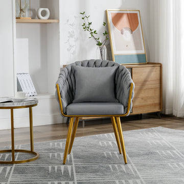 Handwoven Modern Chairs, Casual Chairs, Universal Foot Nails, Metal Chair Legs With Pillows Grey Grey Primary Living Space Linen