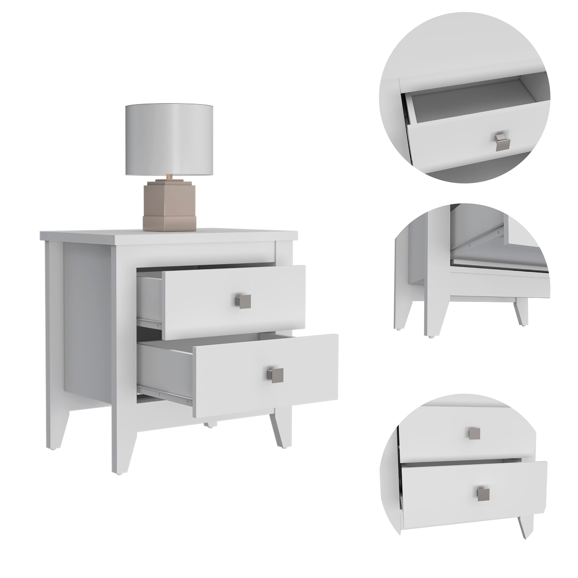 Nightstand More, Two Shelves, Four Legs, White Finish White Particle Board