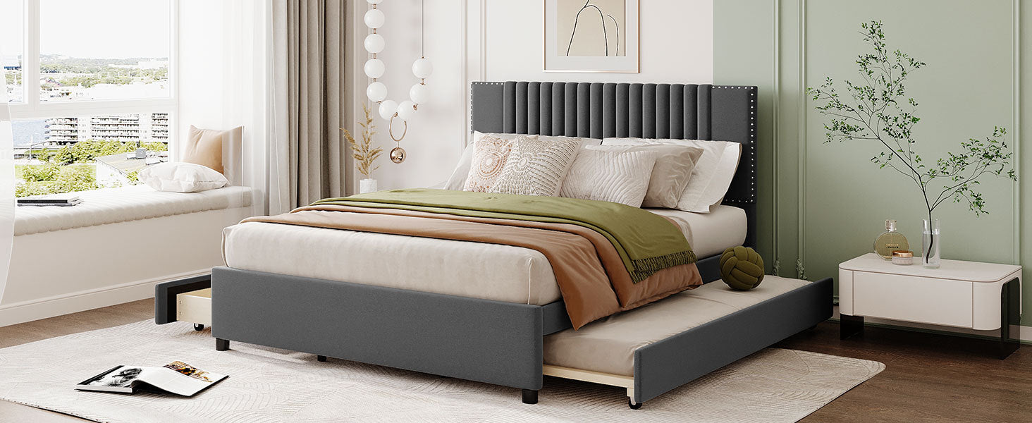 Queen Size Upholstered Platform Bed With 2 Drawers And 1 Twin Xl Trundle, Classic Headboard Design, Gray Gray Linen