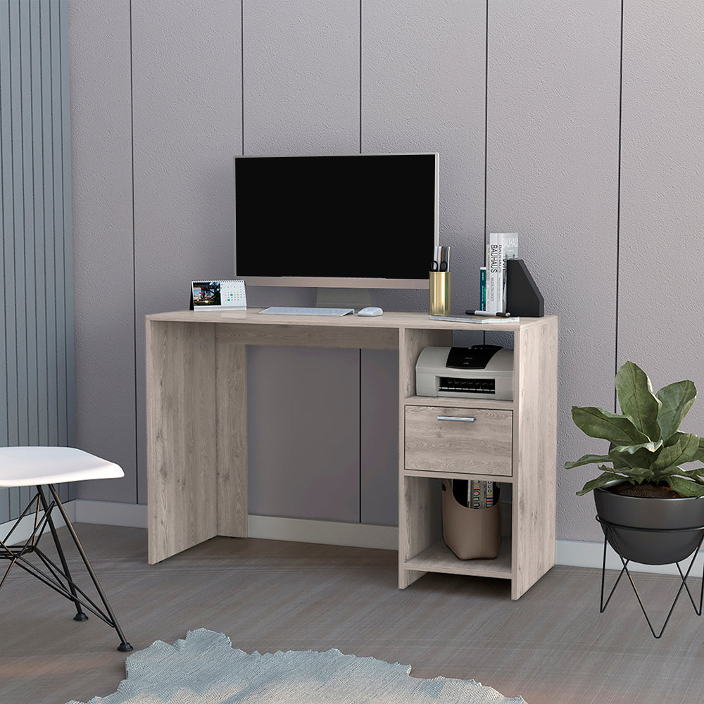 Computer Desk Odessa With Single Drawer And Open Storage Cabinets, Light Gray Finish Light Gray Particle Board