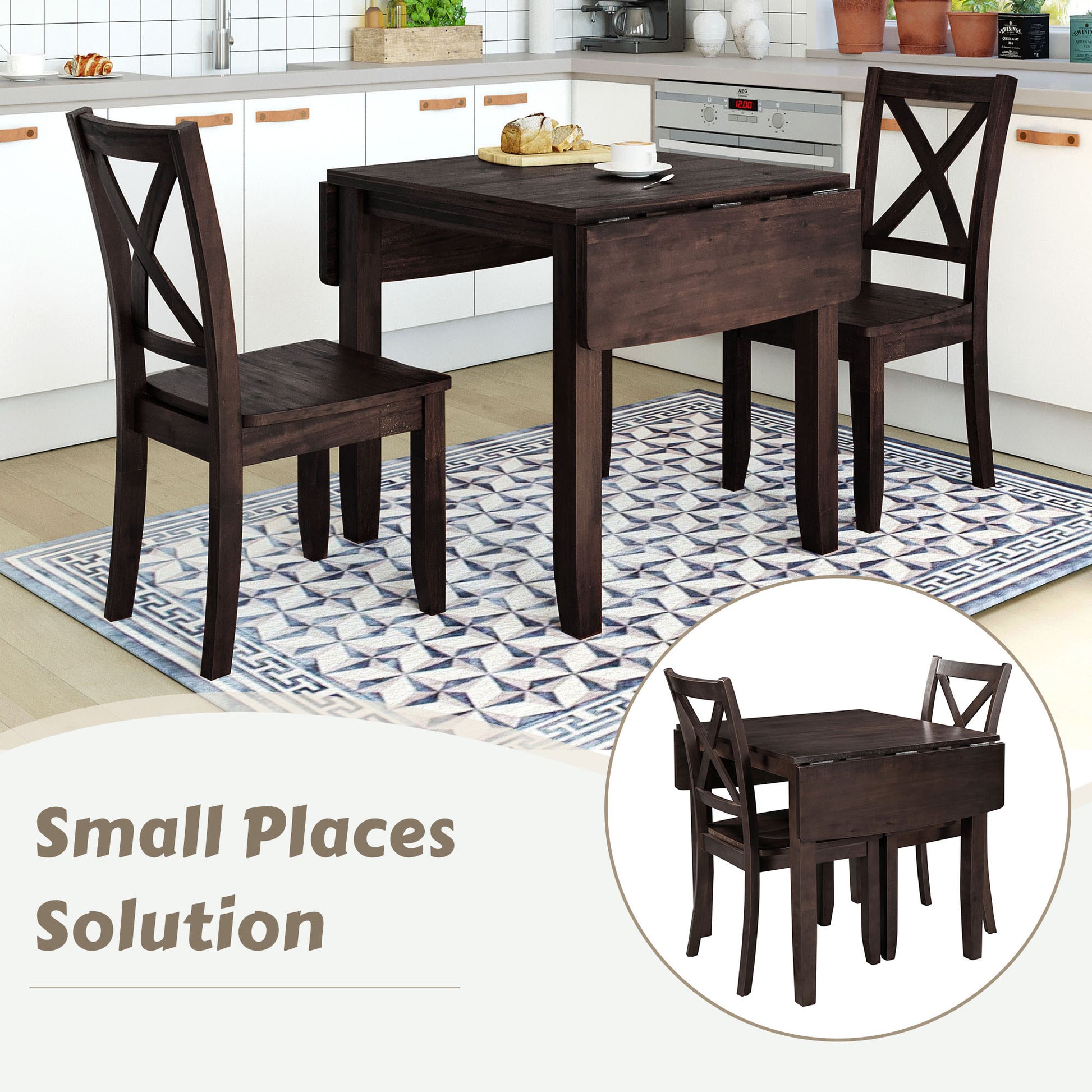 3 Piece Wood Drop Leaf Breakfast Nook Dining Table Set With 2 X Back Chairs For Small Places, Espresso Espresso Wood Dining Room Folding Rectangular Breakfast Nook Wood Wood Espresso Ladder Back Seats 2 48 Inches Drop Leaf Farmhouse 4 Leg Solid Wood