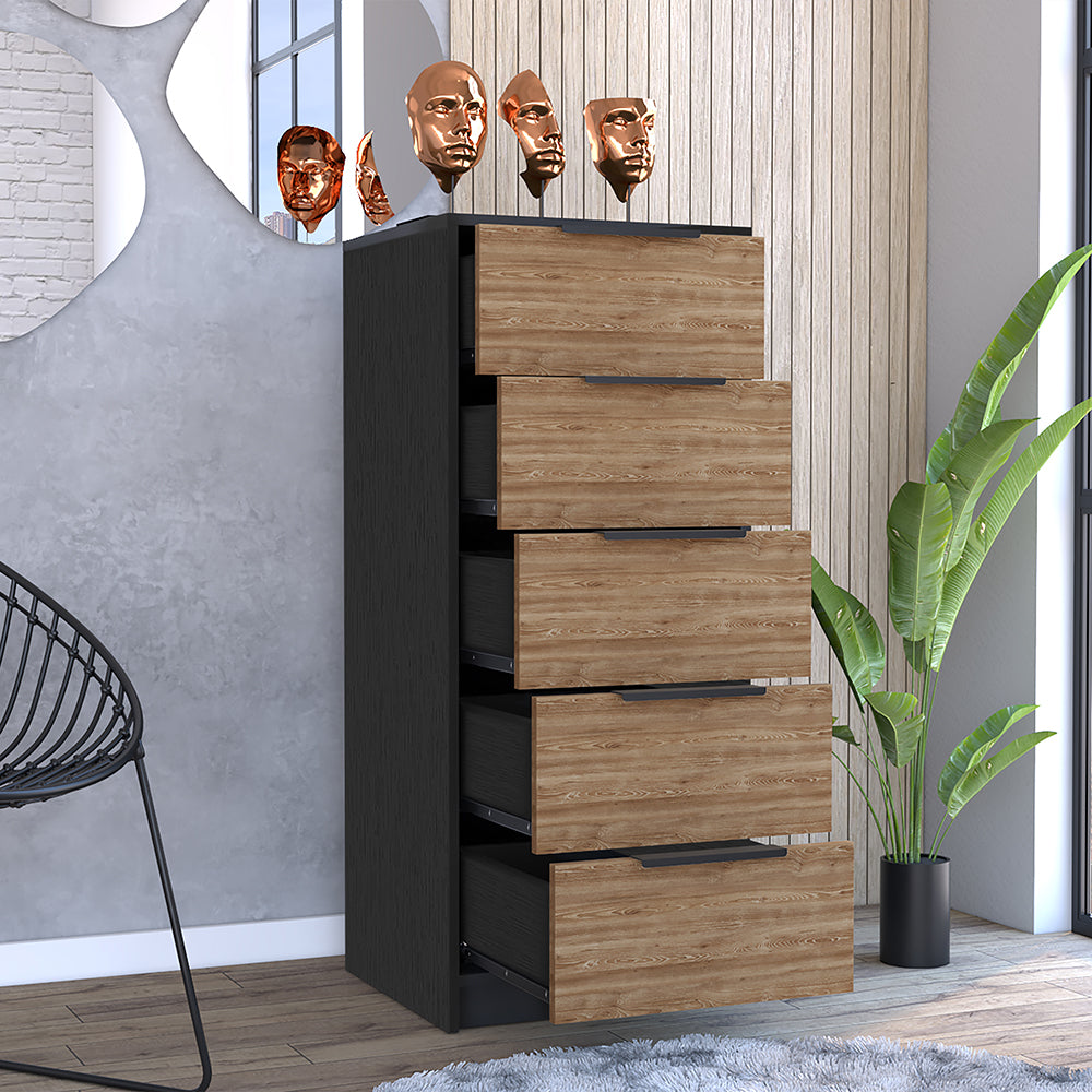 5 Drawers Dresser Maryland, Metal Handle, Black Wengue Pine Finish Multicolor Particle Board