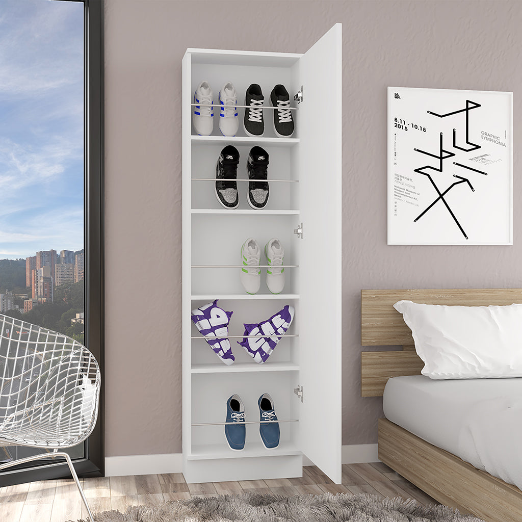 Shoe Rack Chimg, Mirror, Five Interior Shelves, Single Door Cabinet, White Finish White Particle Board