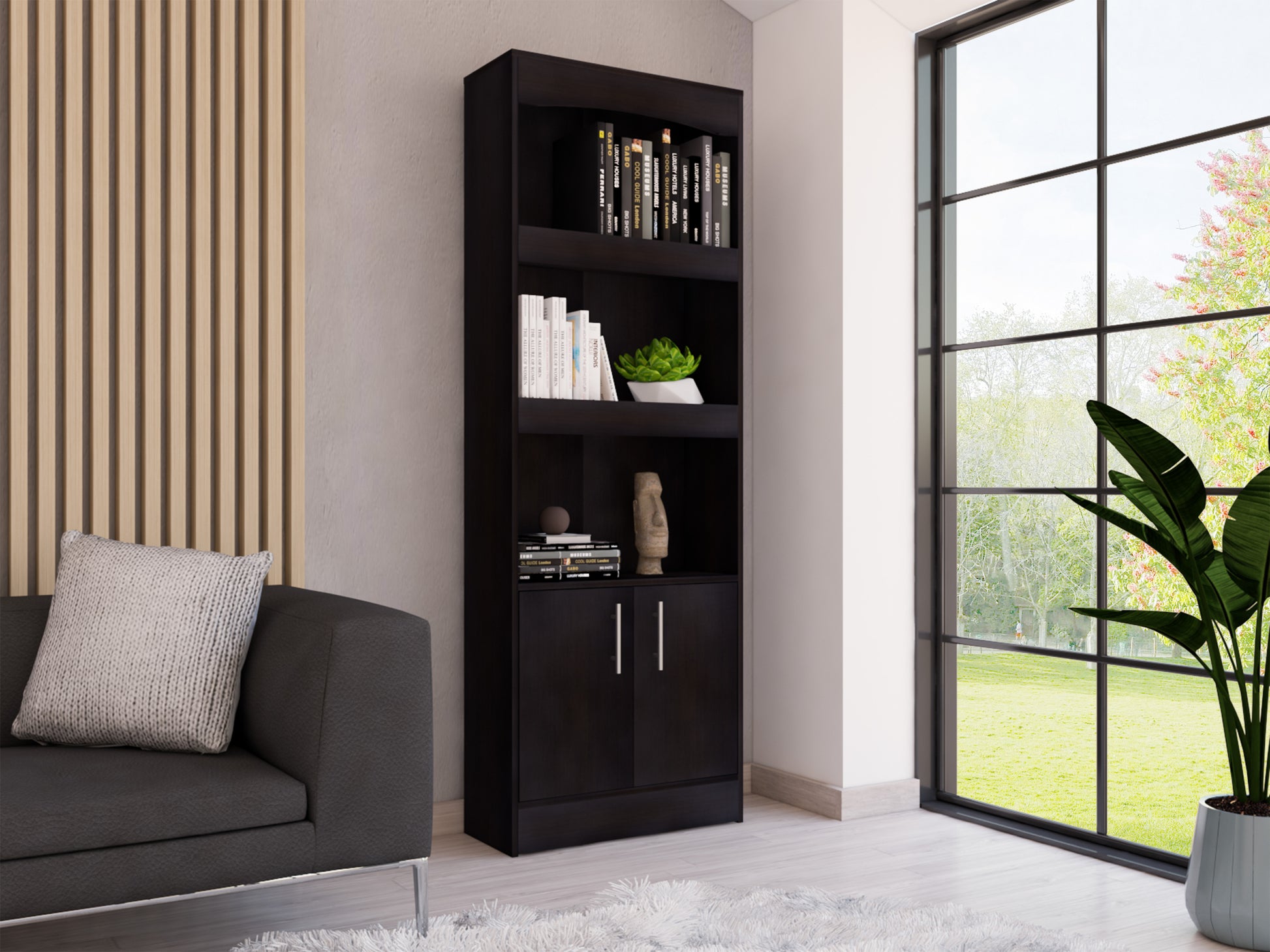 Bookcase Denver, Metal Hardware, Black Wengue Finish Black Particle Board