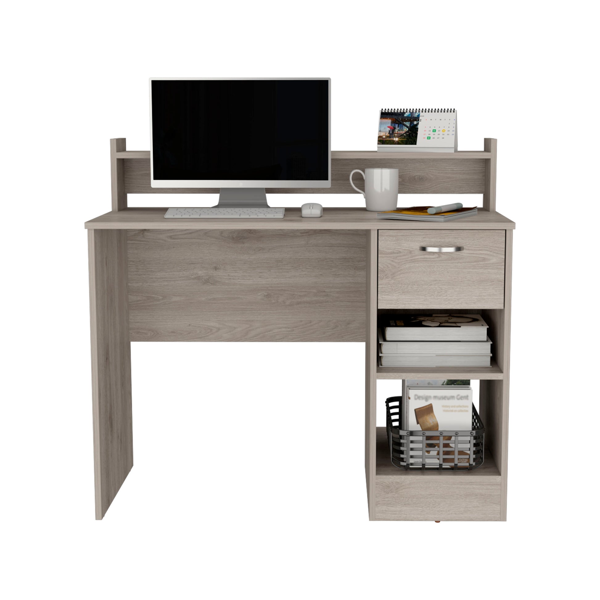 Computer Desk Delmar With Open Storage Shelves And Single Drawer, Light Gray Finish Light Gray Particle Board