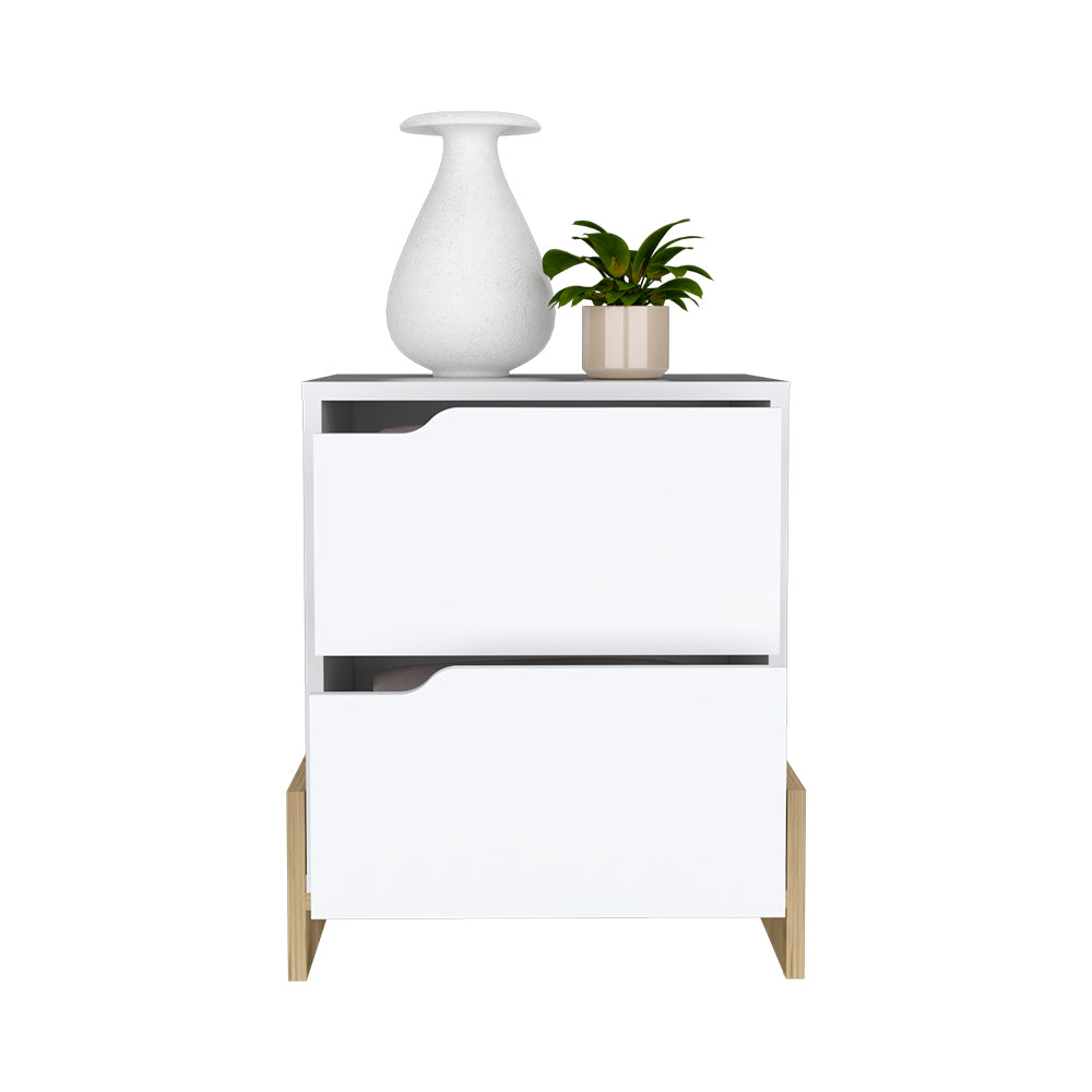 Nightstand Brookland, Bedside Table With Double Drawers And Sturdy Base, White Macadamia Finish Multicolor Particle Board