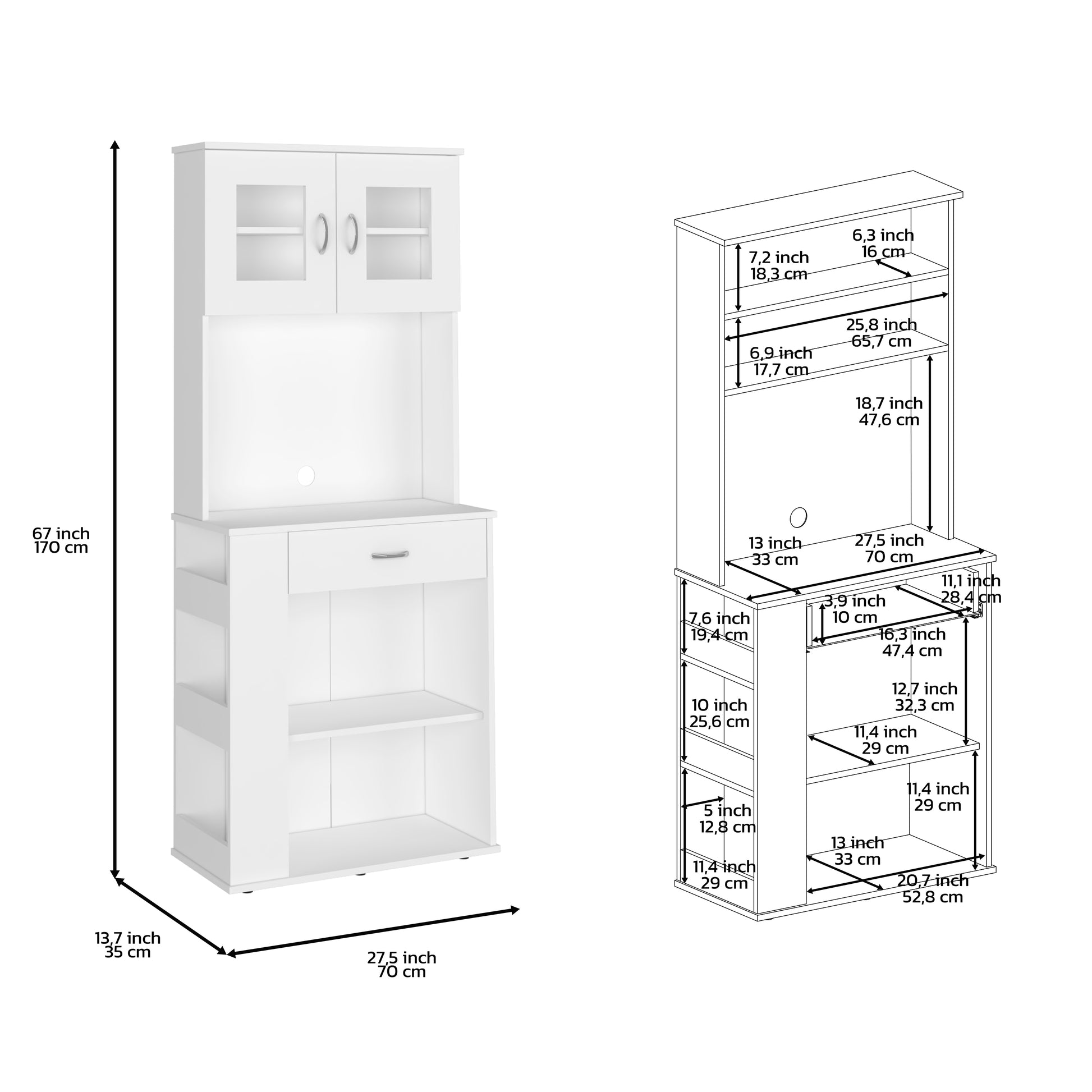 Pantry Double Door Cabinet Folbert, Three Side Shelves, White Finish White Particle Board