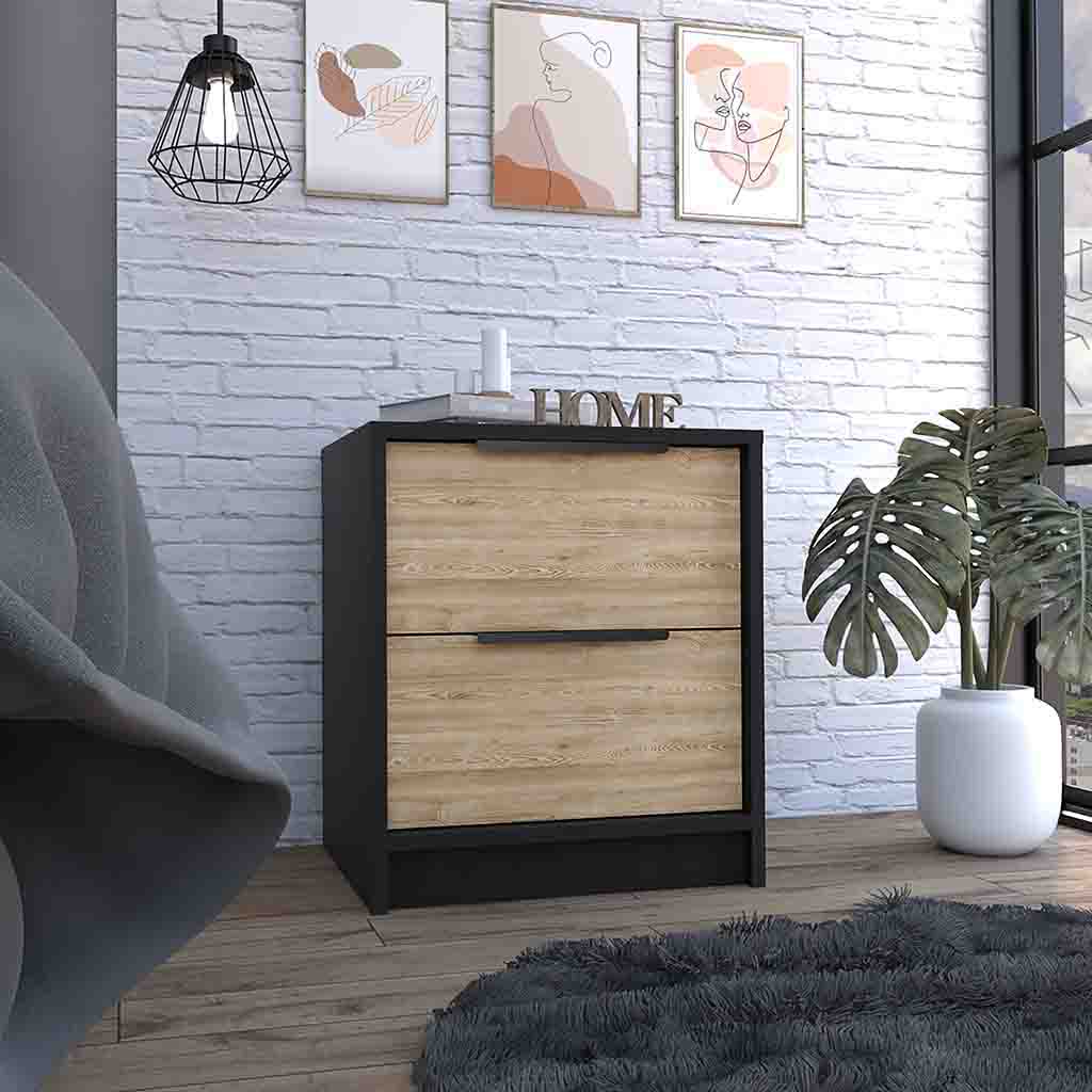 Nightstand Cervants, Two Drawers, Metal Handle, Black Wengue Pine Finish Multicolor Particle Board