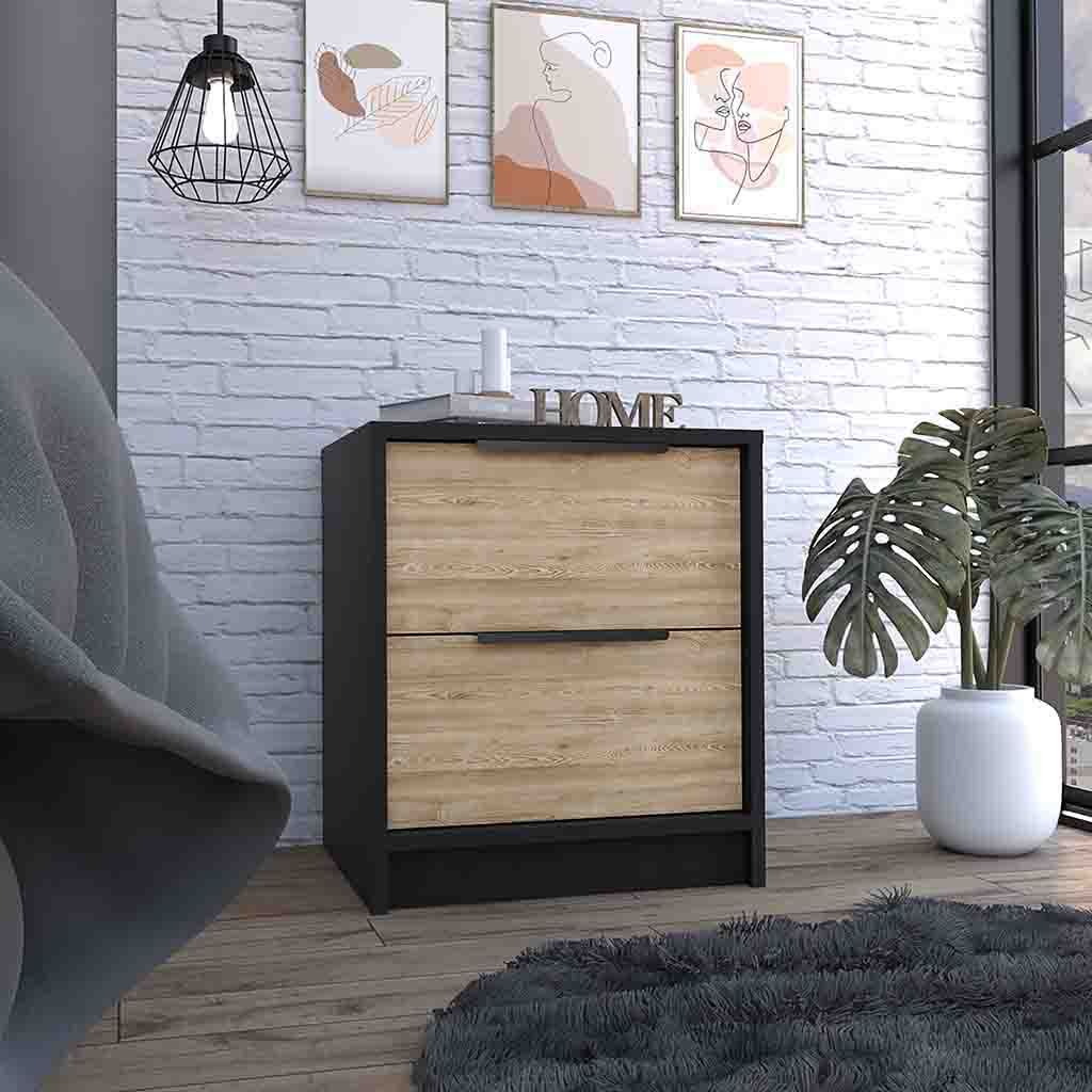 Nightstand Cervants, Two Drawers, Metal Handle, Black white-particle board