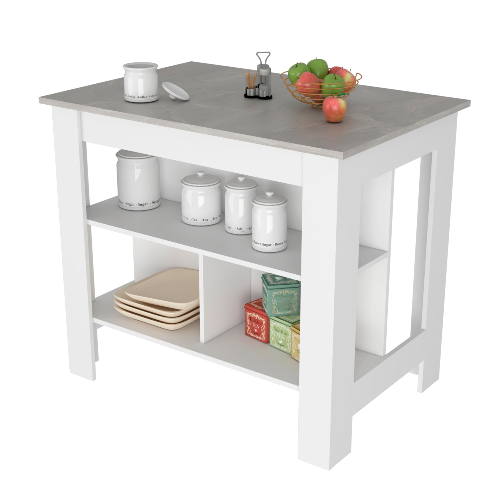 Kitchen Island Dozza, Three Shelves, White Ibiza Marble Color Finish Multicolor Particle Board