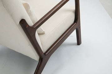 Mid Century Modern Accent Chair With Wood Frame, Upholstered Living Room Chairs With Waist Cushion, Reading Armchair For Bedroom Sunroom White Cotton Velvet