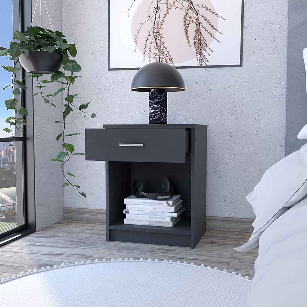 Nightstand Coco, Single Drawer, Lower Shelf, Black Wengue Finish Black Particle Board