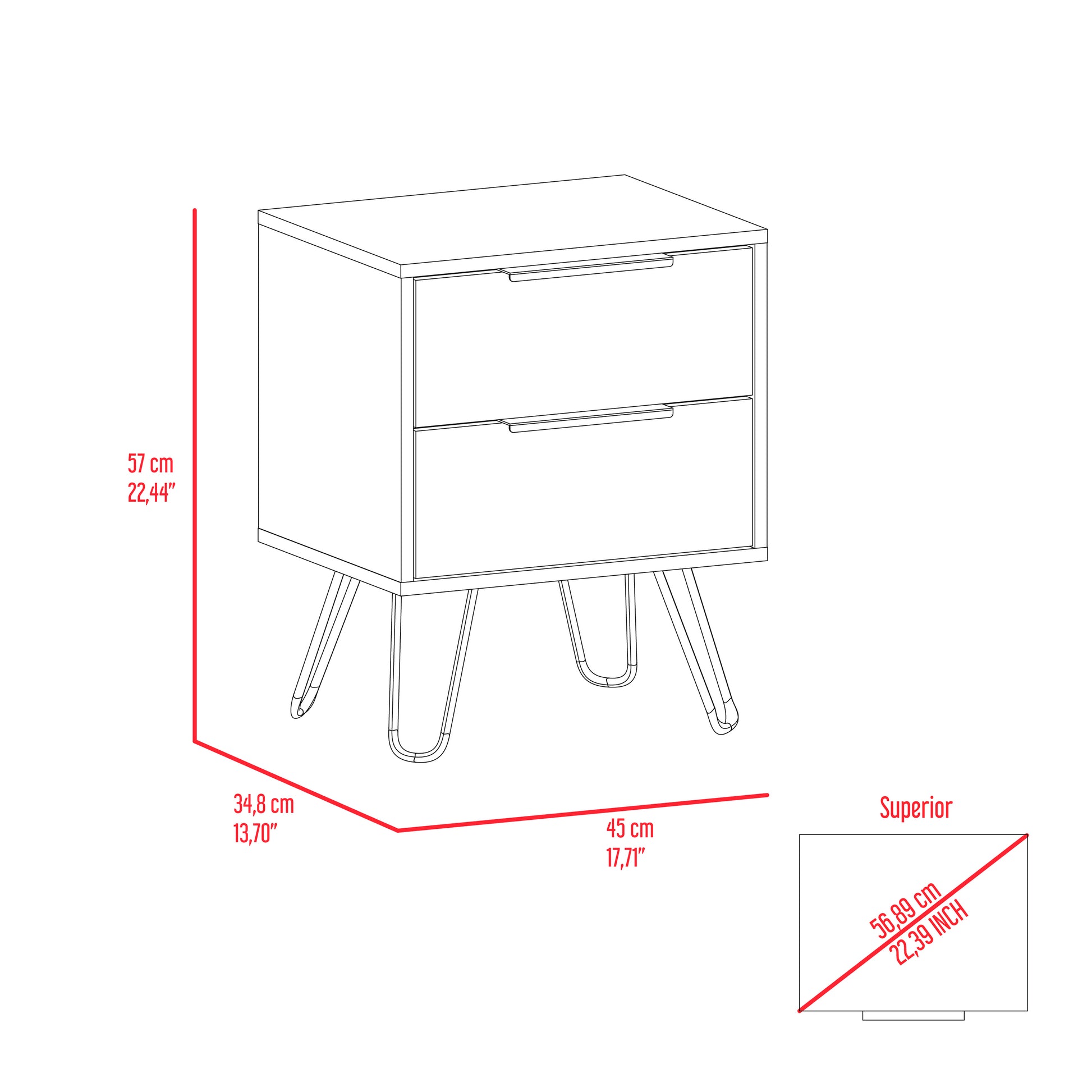 Nightstand Skyoner 2, Harpin Legs, Two Drawers, Black Wengue Finish Black Particle Board