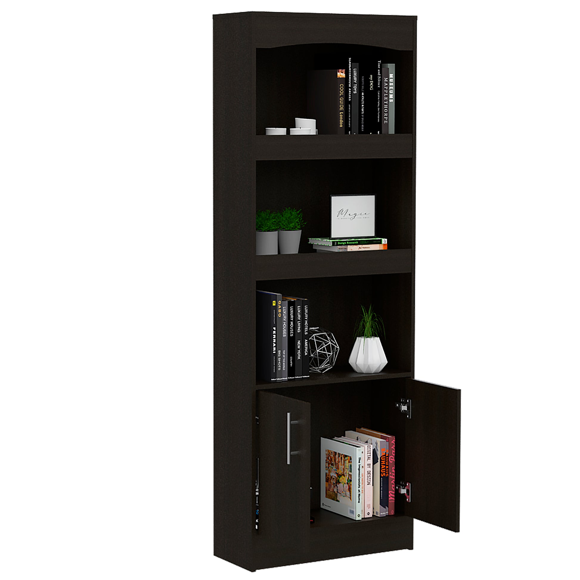 Bookcase Denver, Metal Hardware, Black Wengue Finish Black Particle Board