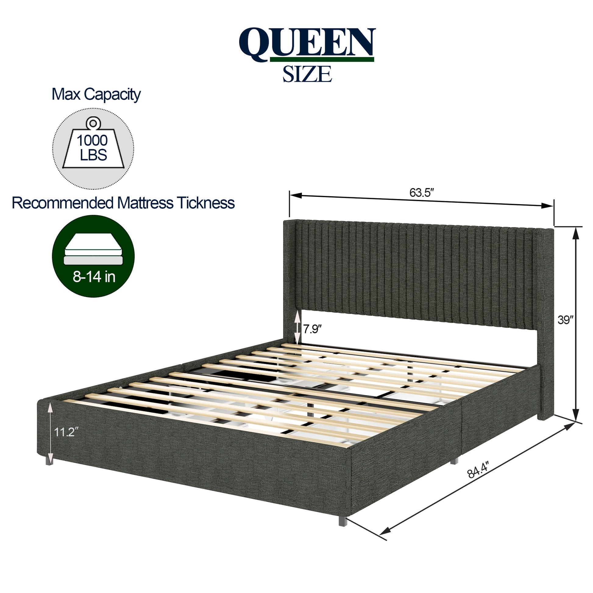 Anna Queen Size Gray Linen Upholstered Wingback Platform Bed With Patented 4 Drawers Storage, Modern Design Headboard With Tight Channel, Wooden Slat Mattress Support No Box Spring Needed Box Spring Not Required Queen Gray Metal Bedroom