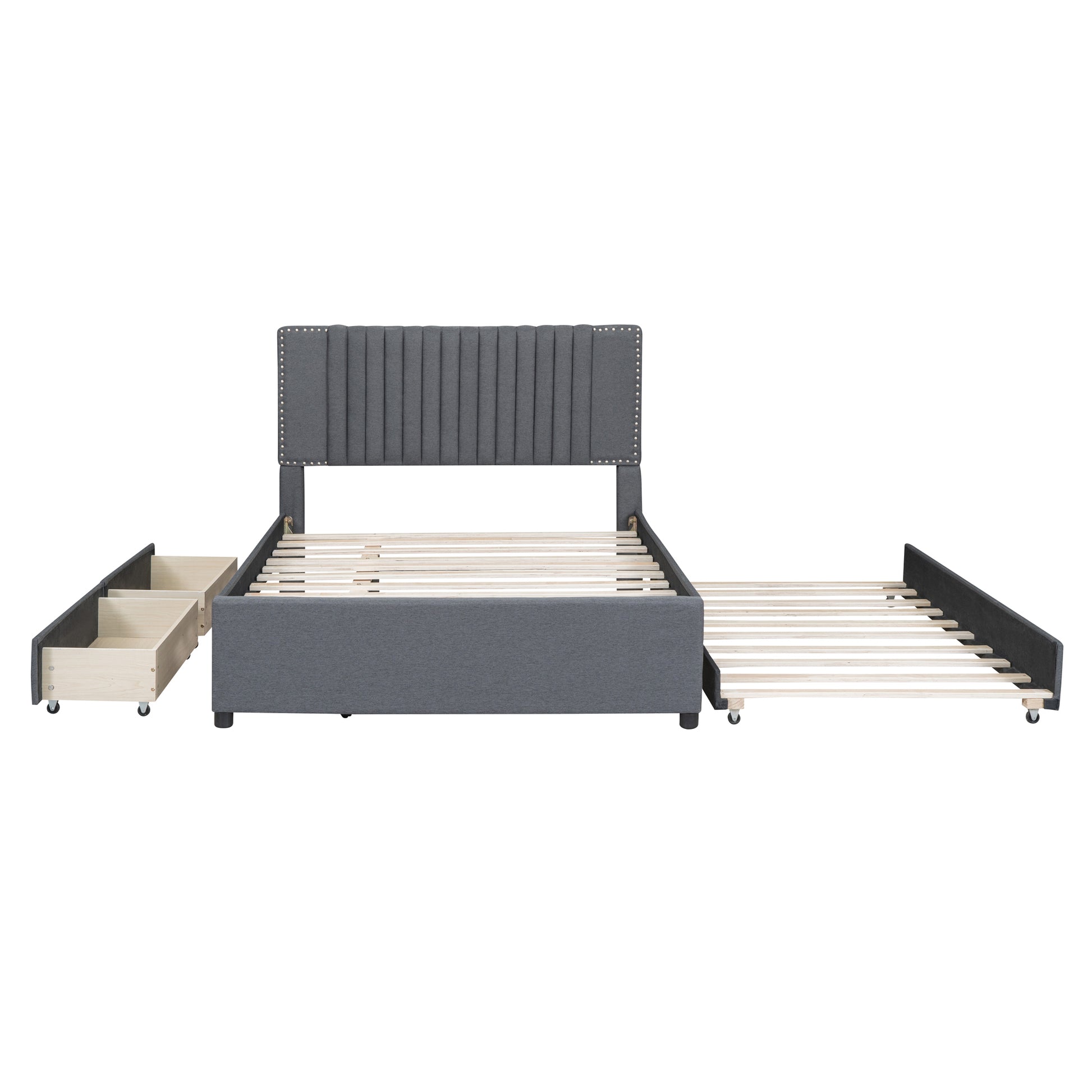 Full Size Upholstered Platform Bed With 2 Drawers And 1 Twin Size Trundle, Classic Headboard Design, Gray Gray Linen