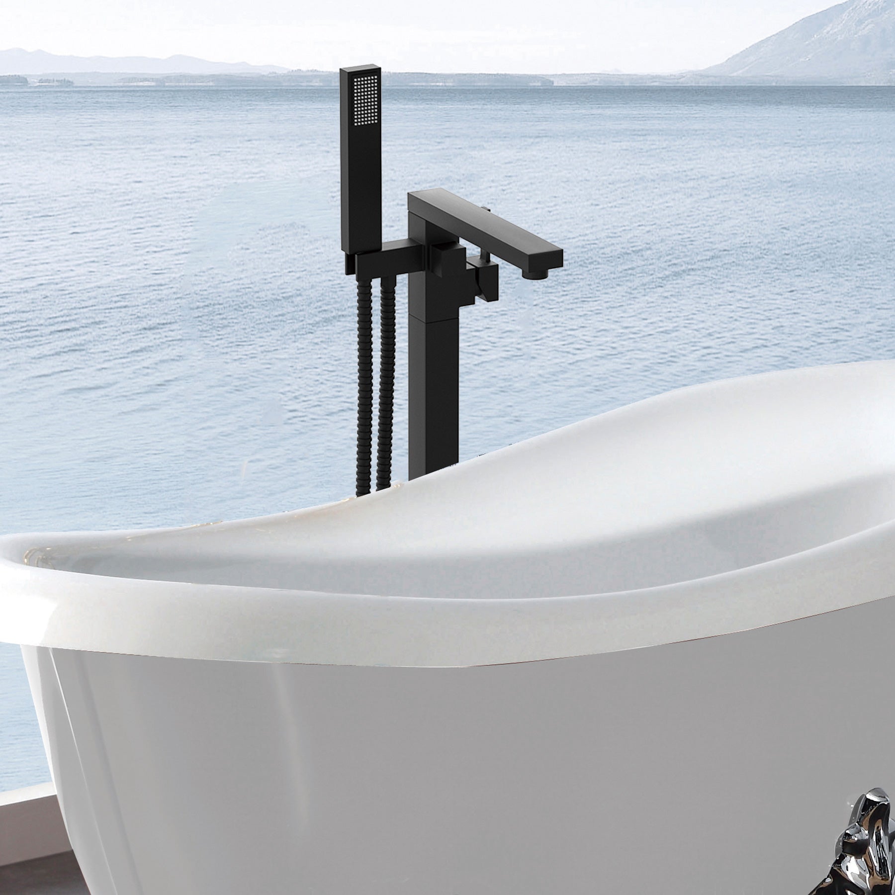Freestanding Bathtub Faucet With Hand Shower Matte Black Metal